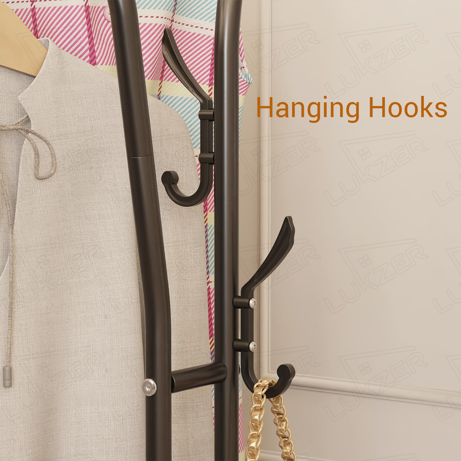 Lukzer Metal Cloth Stand with 2 Hanging Rods & Dual Storage Shelves (MGS-003/Black)