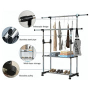 Lukzer Premium Stainless Steel Cloth Drying Stand – Double Rod & 2 Bottom Shelves