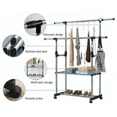 Lukzer Premium Stainless Steel Cloth Drying Stand – Double Rod & 2 Bottom Shelves