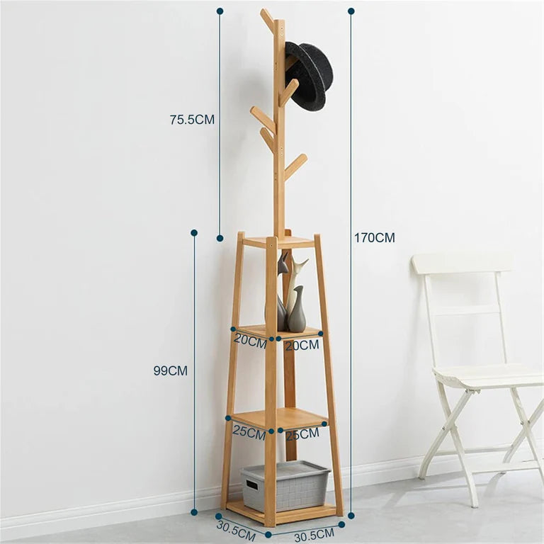 Triangular 6 Branch Hook & 3 Layer Garment Rack | (Natural/171x30.5x30.5cms)