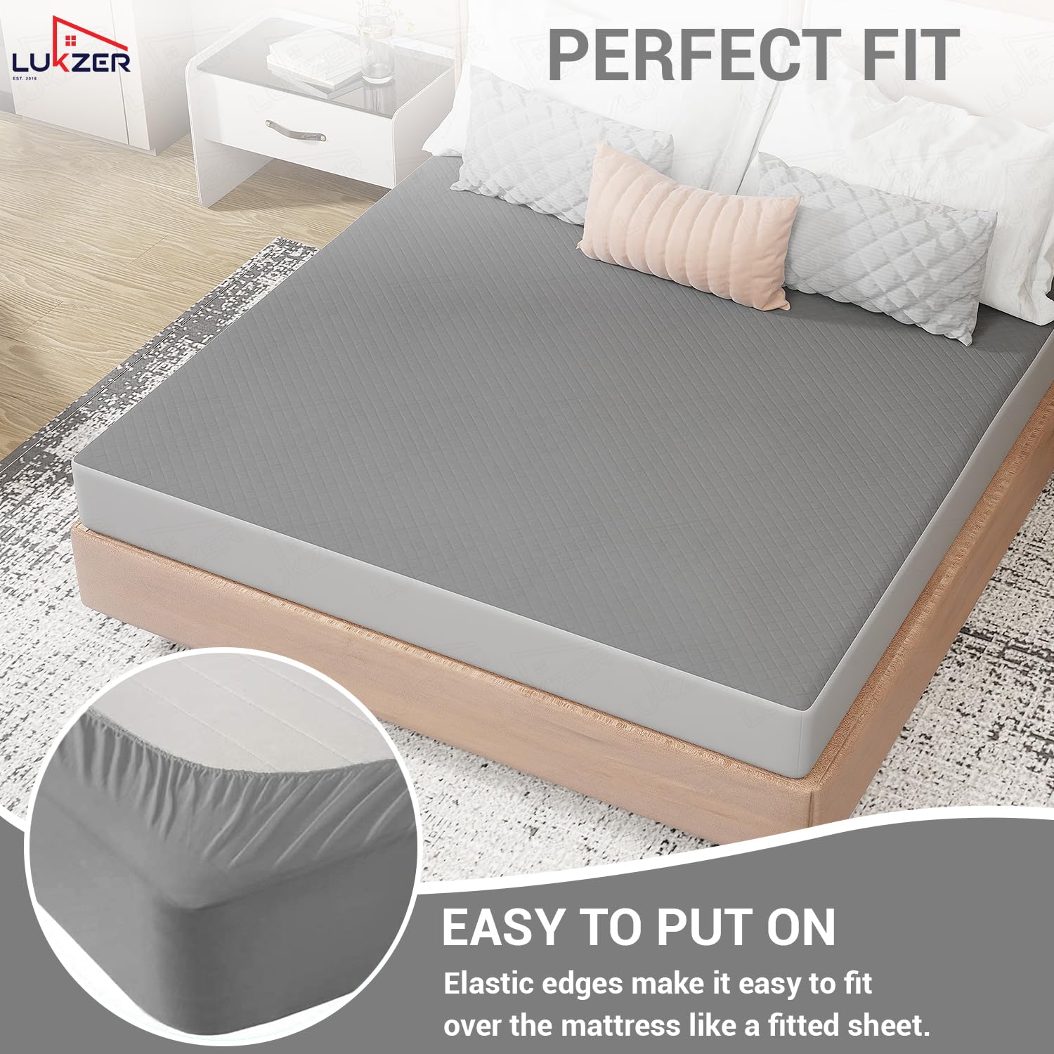 Lukzer Quilted Cotton Waterproof Mattress Protector Grey (MTP-QGR-001)