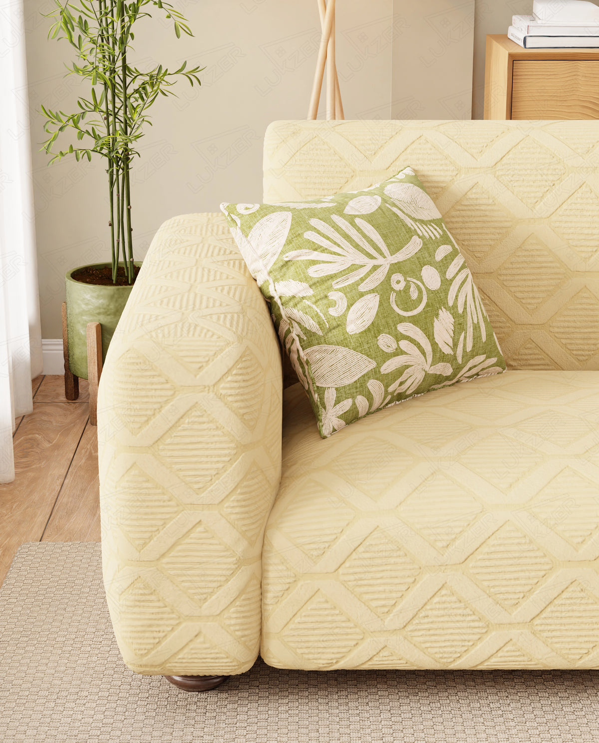 Lukzer Pastel Shades Textured Sofa Cover -  Yellow Diamond (SC-156-01)