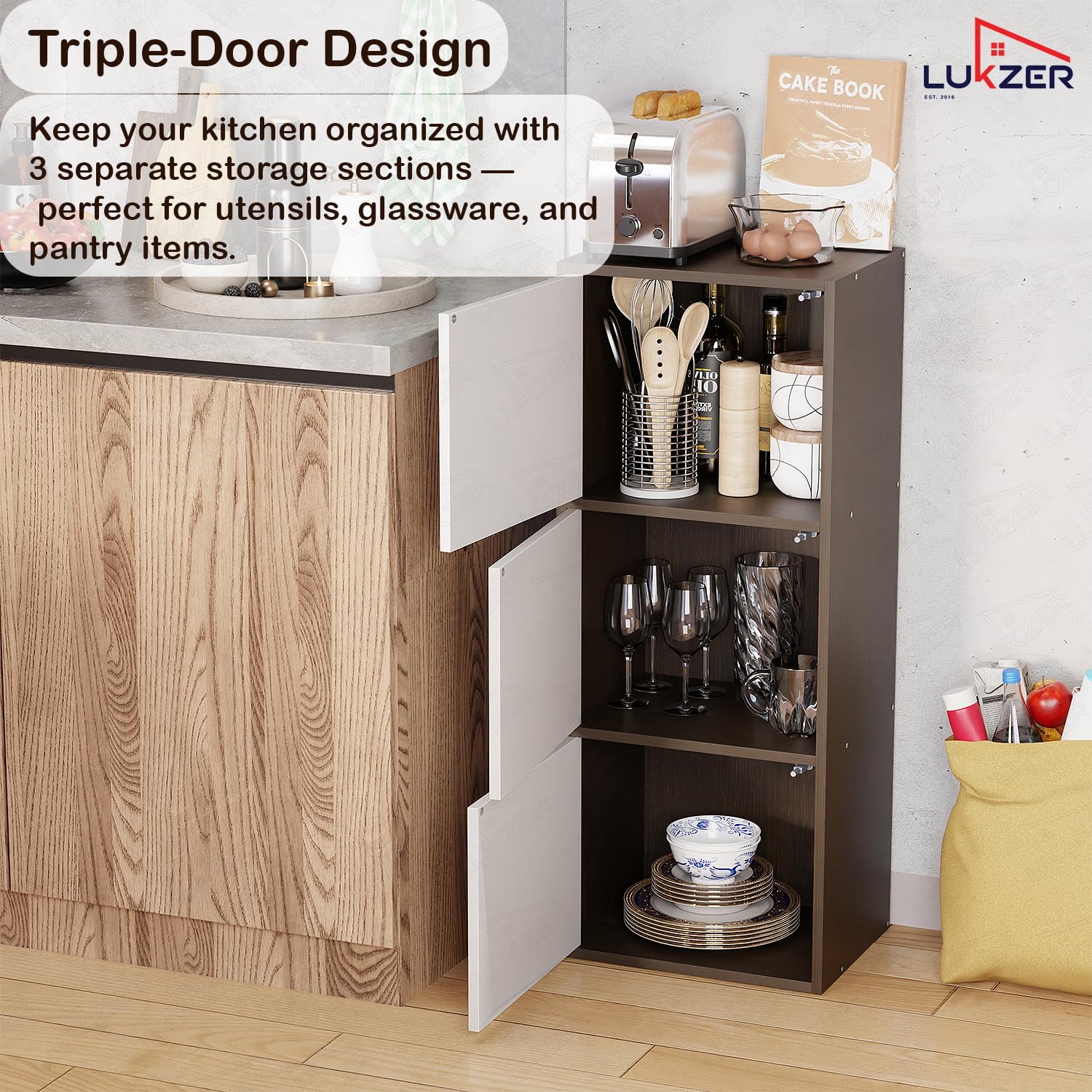 Lukzer 3-Tier Engineered Wood Cabinet Bookshelf Organizer with Magnetic Doors (MR-017/Wenge)