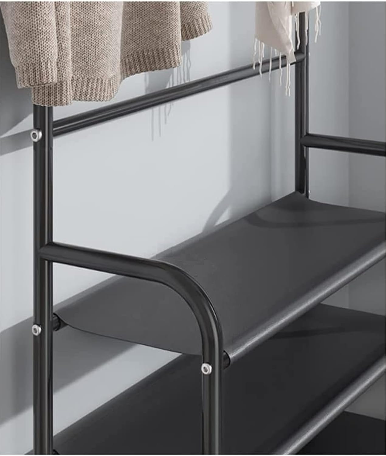 Lukzer Space-Saving Metal Garment Stand with 8 Hangers & 5-Tier Storage – Black/White (170x80x26cm)
