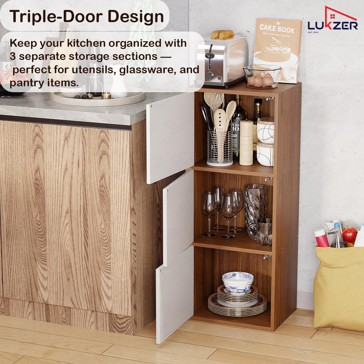 Lukzer 3-Tier Engineered Wood Cabinet Bookshelf Organizer with Magnetic Doors (MR-017/Oak Brown)