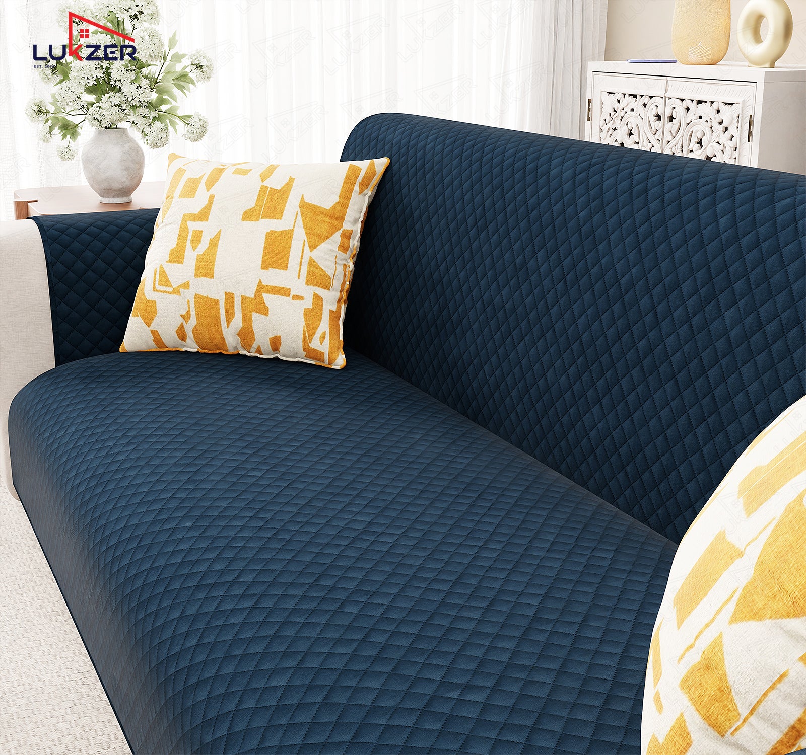 Lukzer Quilted Velvet Sofa Mat | 200 GSM Soft Washable &amp; Removable Couch Protector | Anti-Slip Elastic Strap Cover for Living Room, Pet &amp; Spill Protection