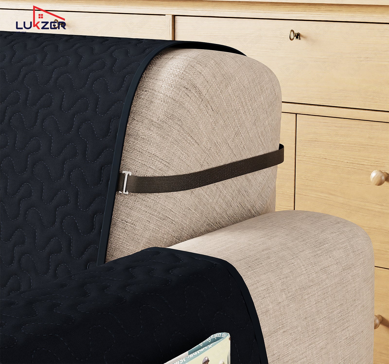 Lukzer Quilted Stipple Blue Sofa Cover Mat with Storage Side Pocket | 350 GSM Polyester Blend Full Coverage with Arms &amp; Back Belt | Machine Washable Sofa Runner.