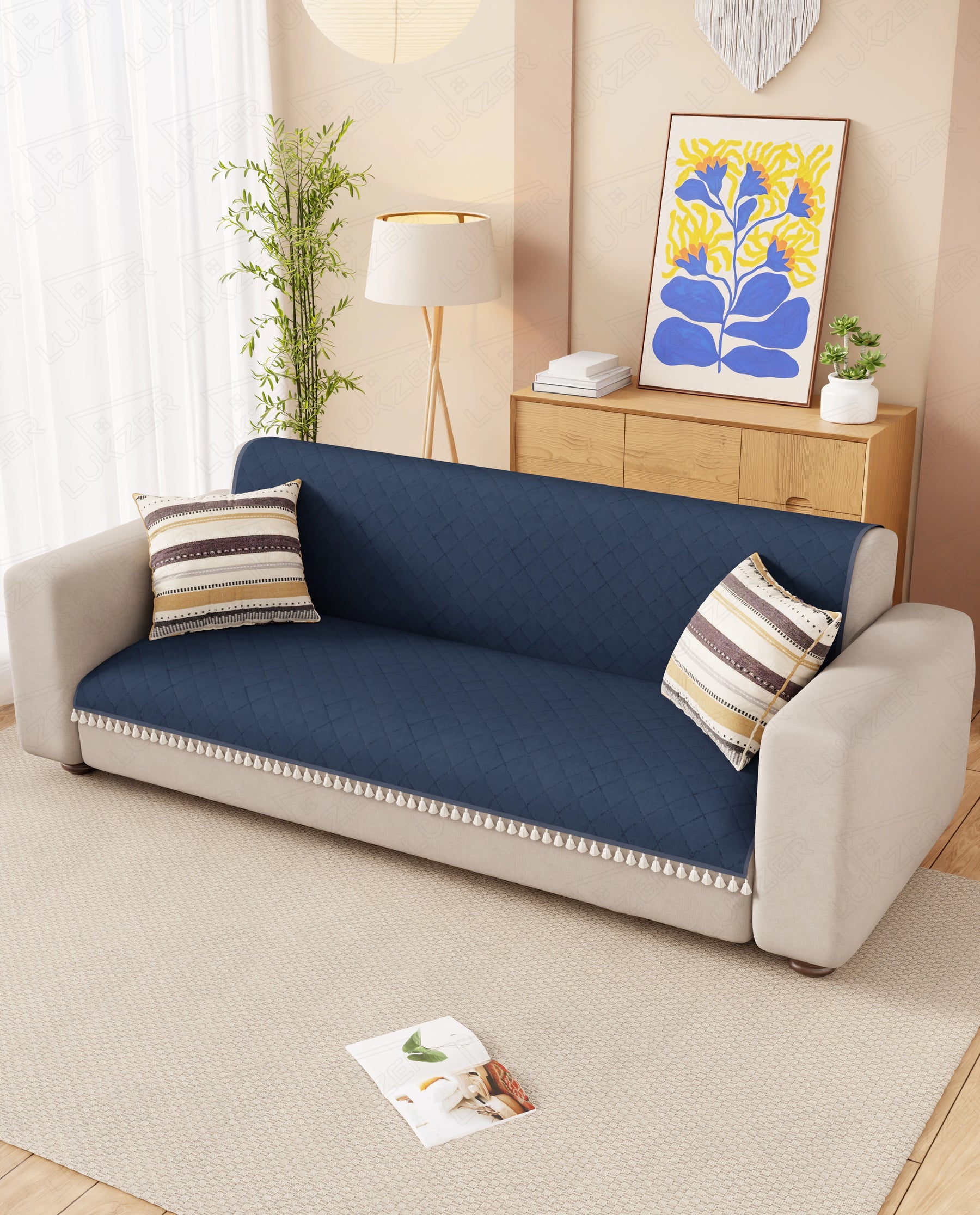 Lukzer 3 Seater Quilted Sofa Cover Mat with Tassels - Midnight Blue - SC-191-03T