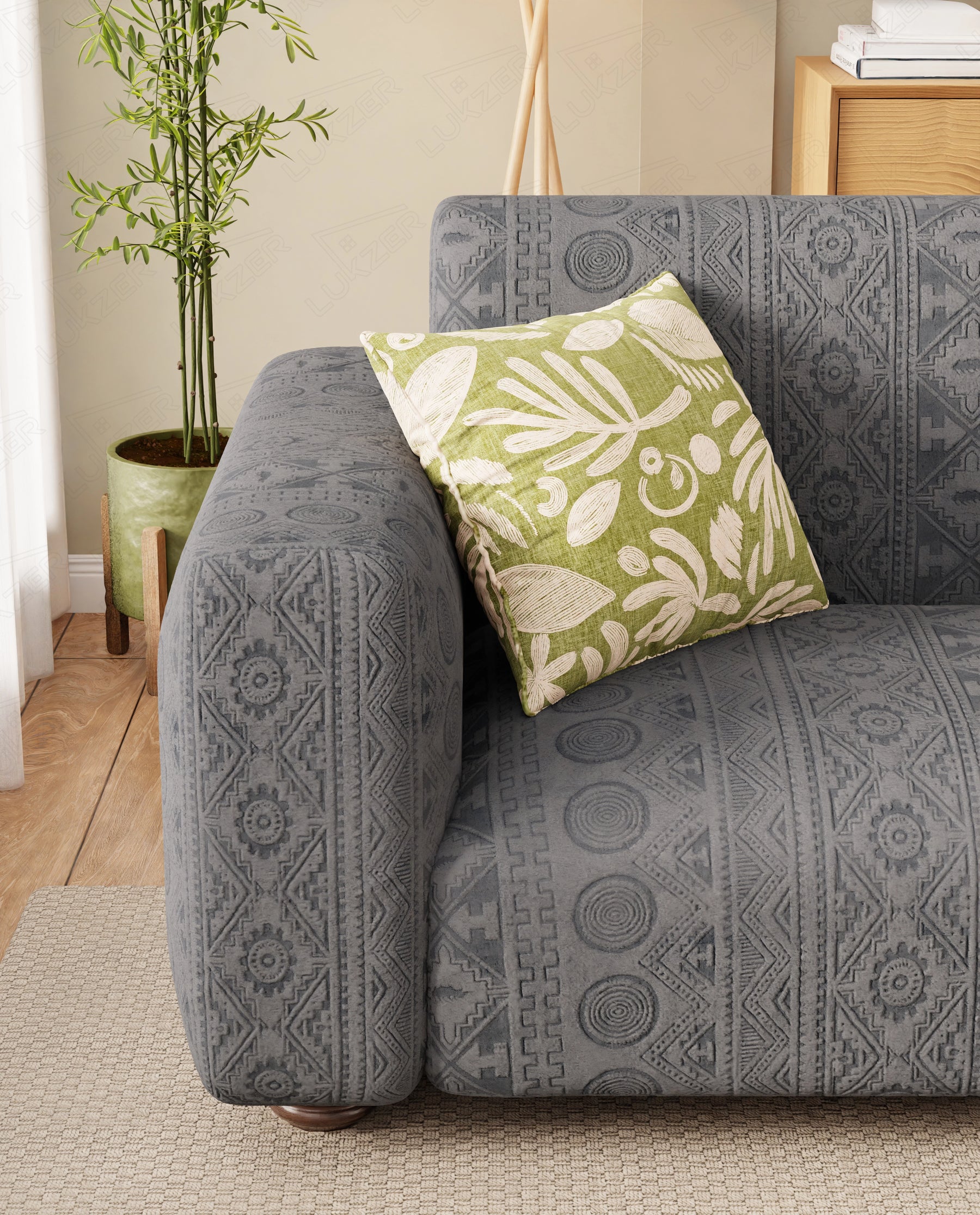 Lukzer Pastel Shades Textured Sofa Cover - Dark Grey Tribal Design (SC-137-01)