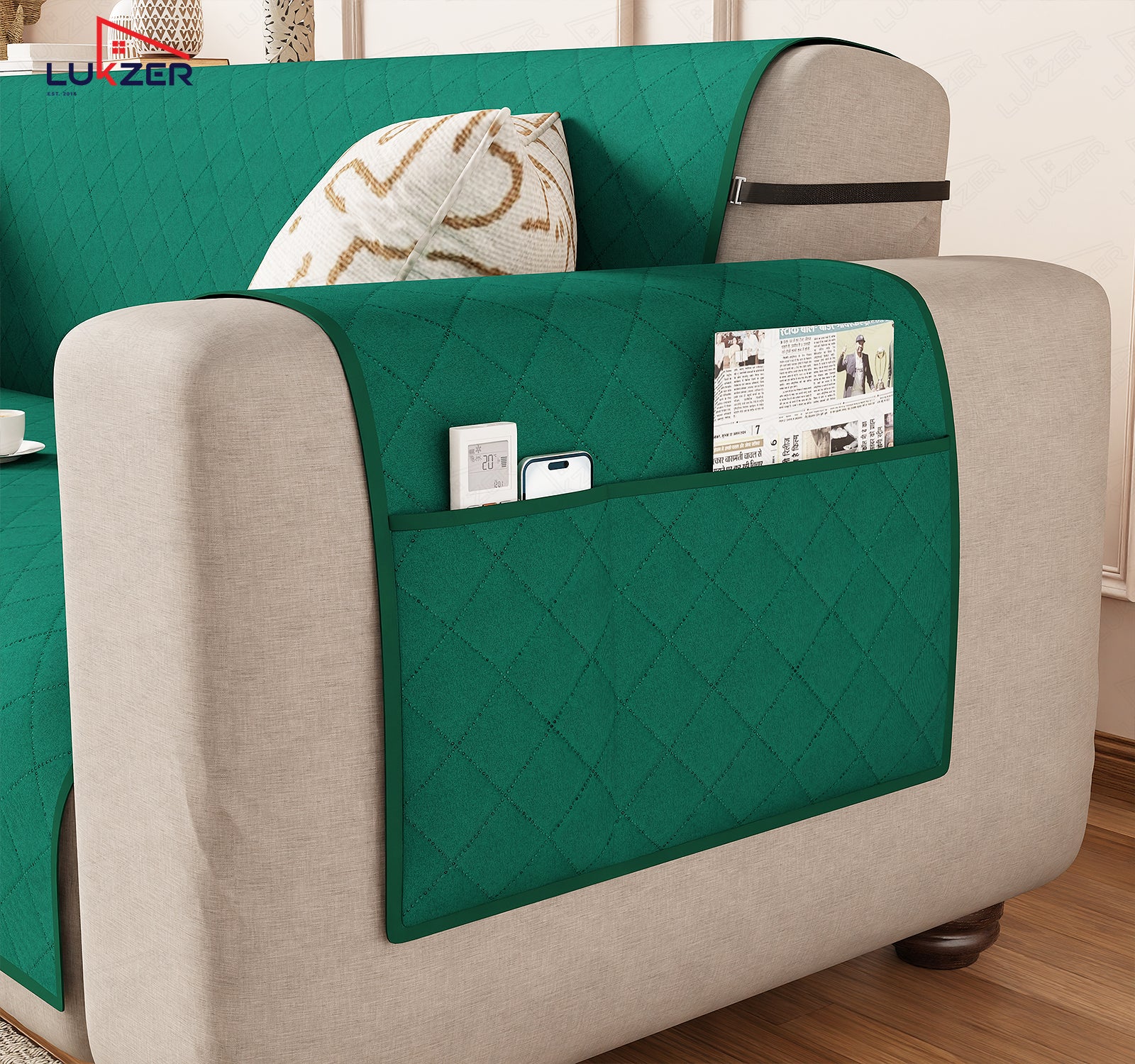 Lukzer Polyester Blend Quilted Sofa Cover Mat (350 GSM)| Full Coverage with Arms &amp; Back Belt | Machine Washable Sofa Runner with Storage Side Pocket