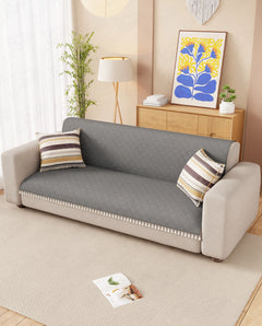 Lukzer 5 Seater Quilted Sofa Cover Mat with Tassels - 3+1+1 Seat - Stone Grey - SC-193-05T