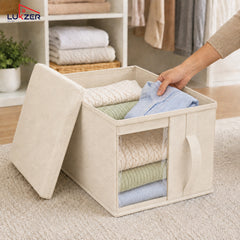 Lukzer 20 Liters Foldable Non-Woven Storage Box/Wardrobe Organizer with Lid - 3PC/Beige