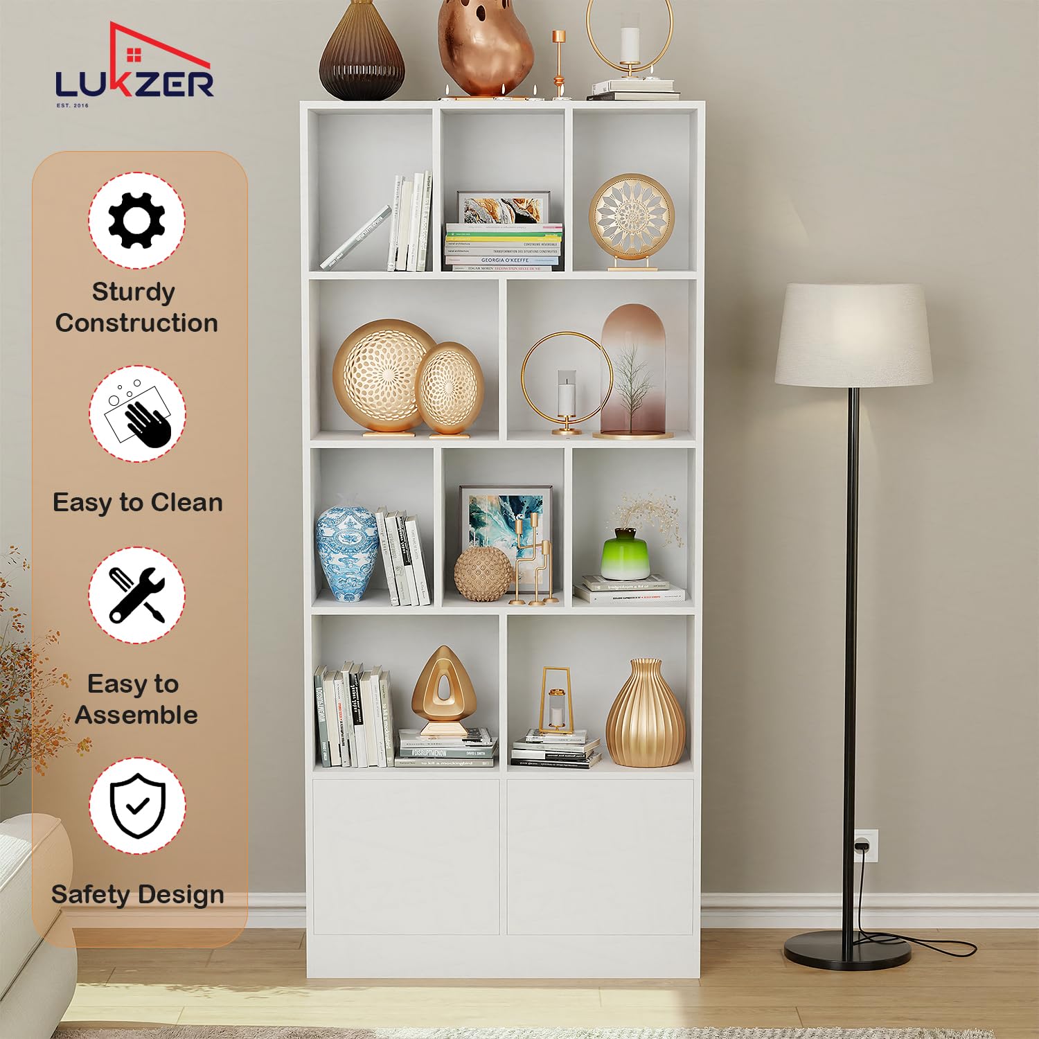 Lukzer 12 Open Cube Bookcase with Push Latch Doors & 2 Bottom Shelf (MR-033/White)