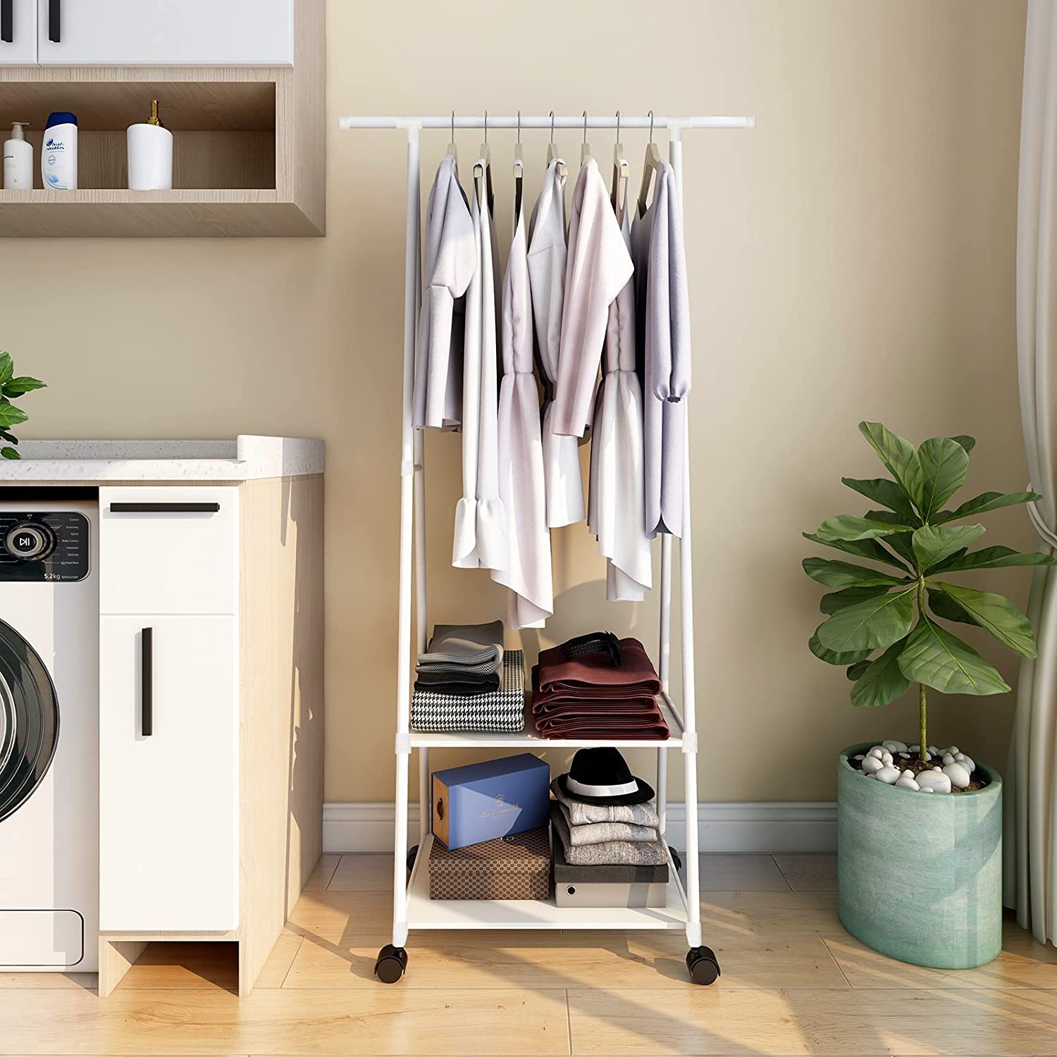 Lukzer A- Shape Metal Multipurpose Garment Rack with 2 Bottom Shelves White