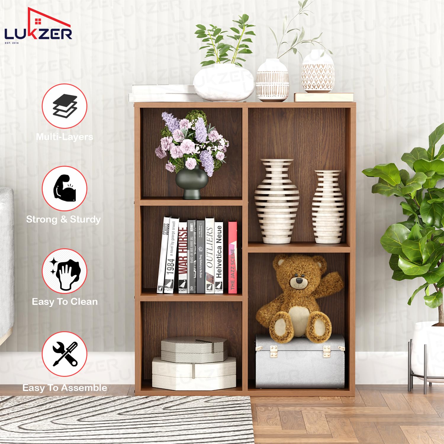 Lukzer Engineered Wood 5 Shelves Open Cabinet Bookshelf & Storage Organiser (MR-026/Oak Brown)