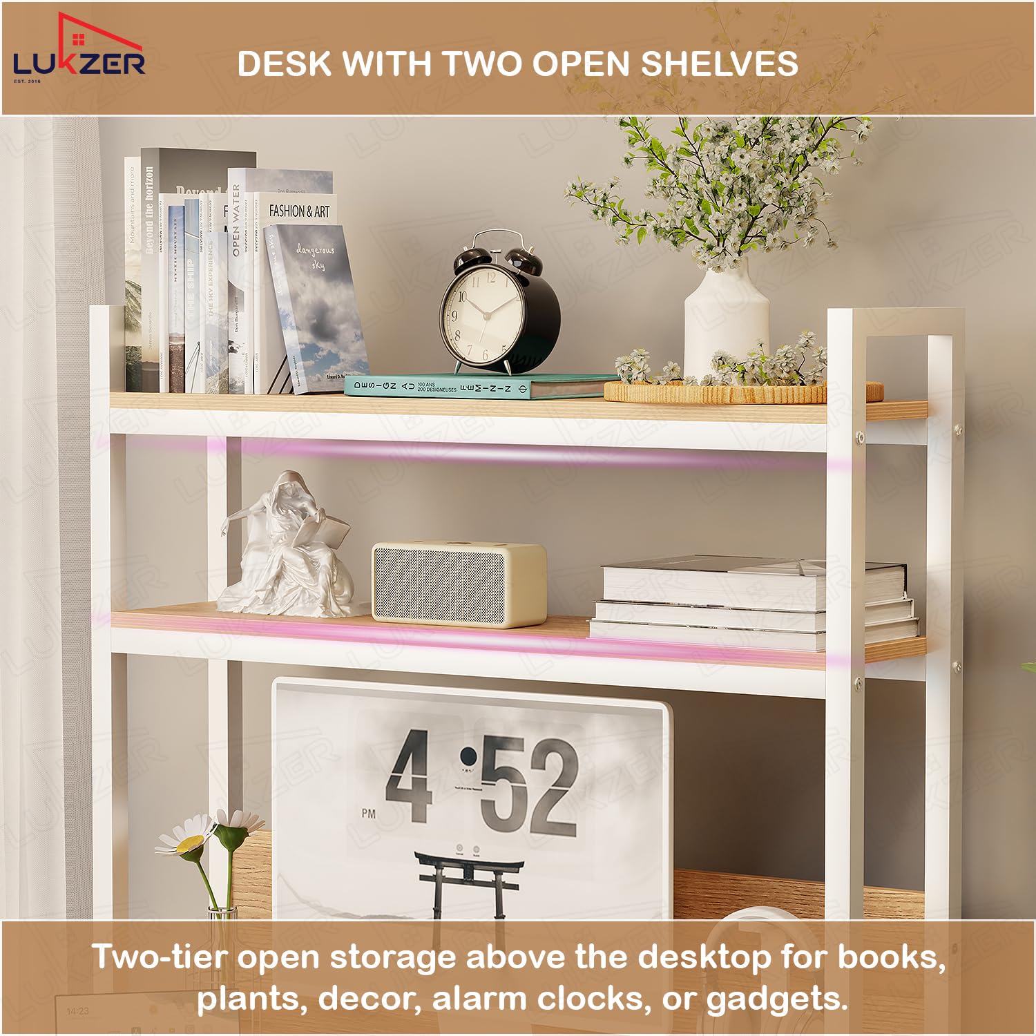 Lukzer 3-Layer Metal & Wooden Computer Desk & Study Table with Bookshelf (MST-006/Oak Light)