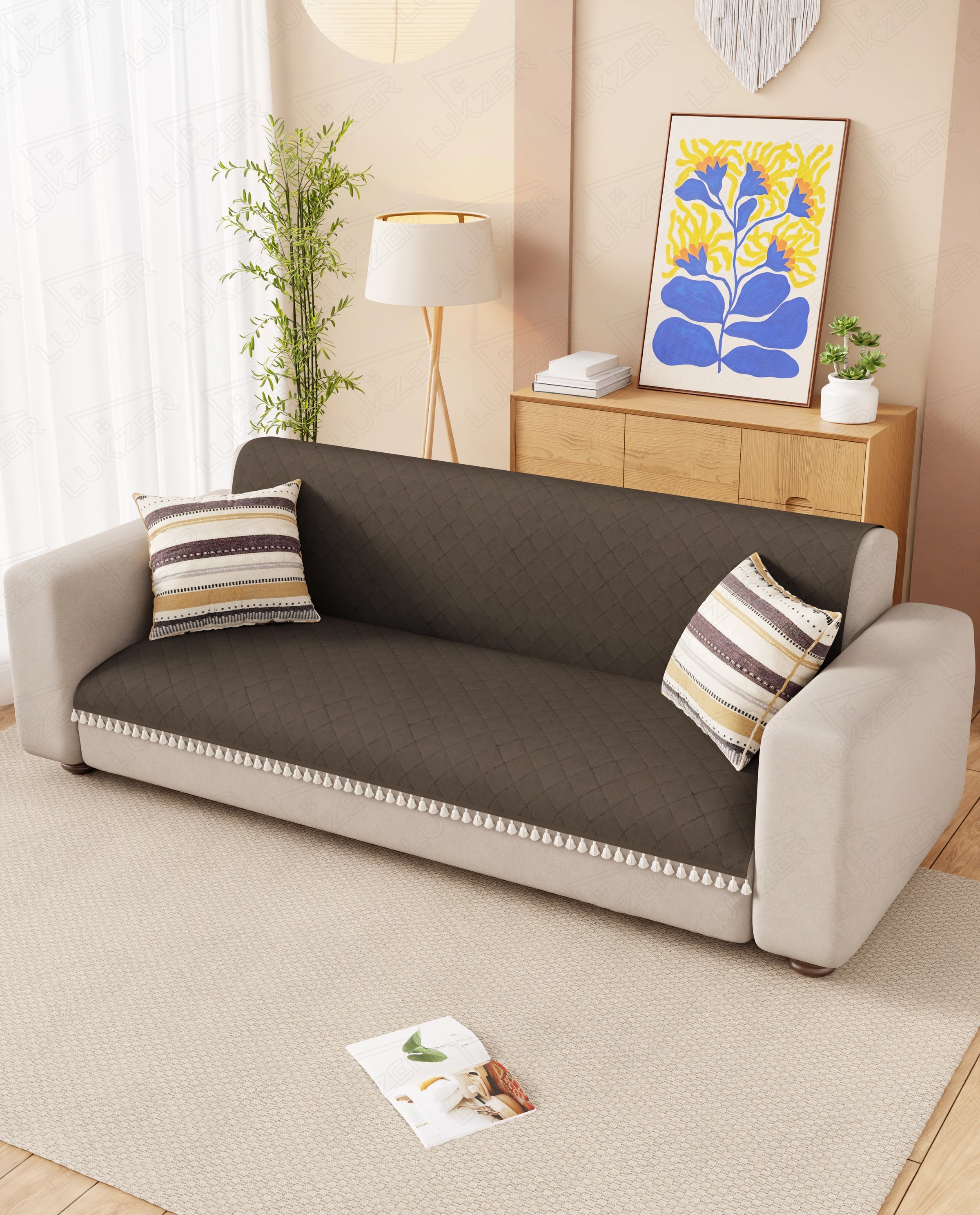 Lukzer 3 Seater Quilted Sofa Cover Mat with Tassels - Chocolate Brown - SC-192-03T