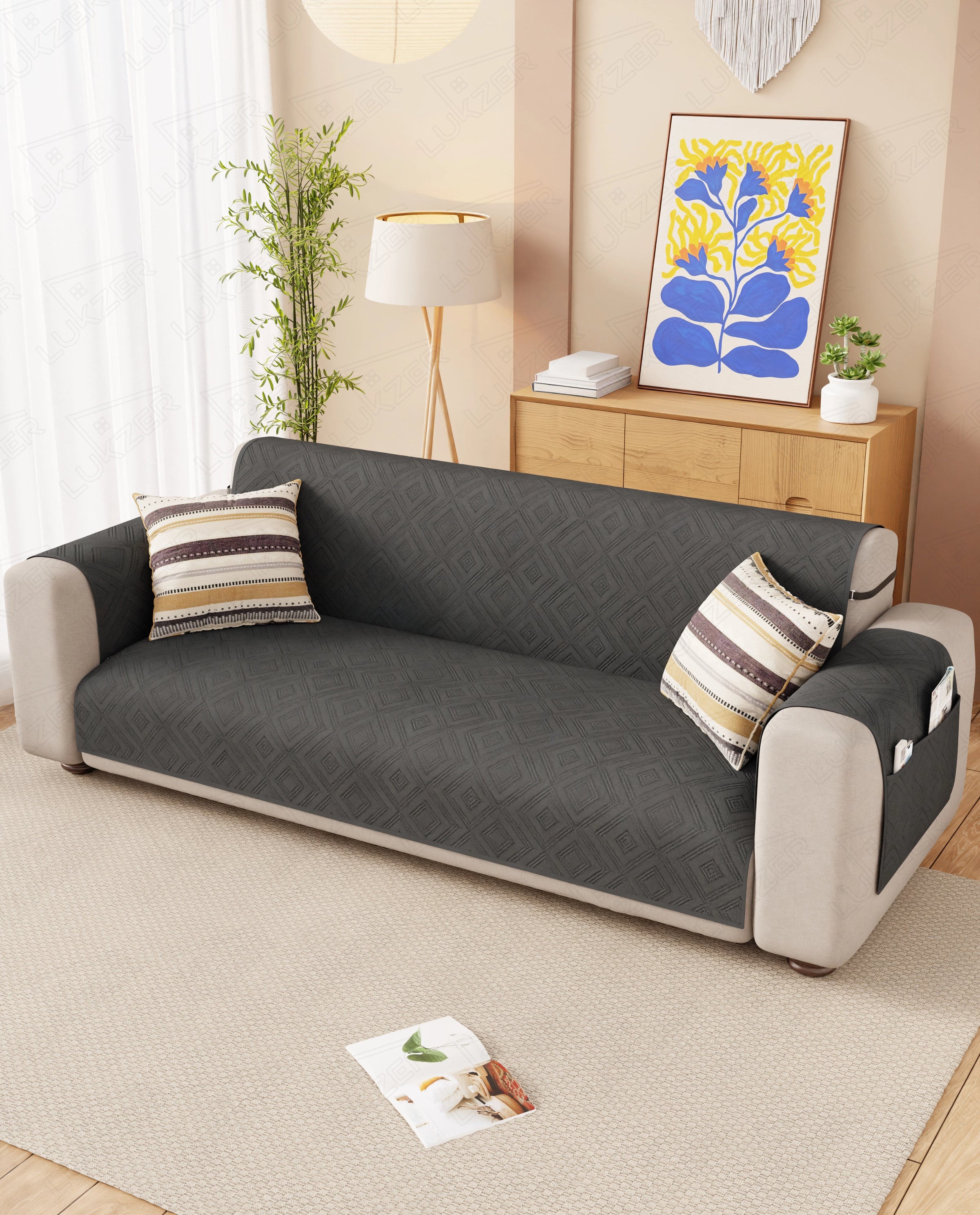 Lukzer Reversible Quilted Sofa Mat with Arms Dot Frame Grey (SC-213-01)