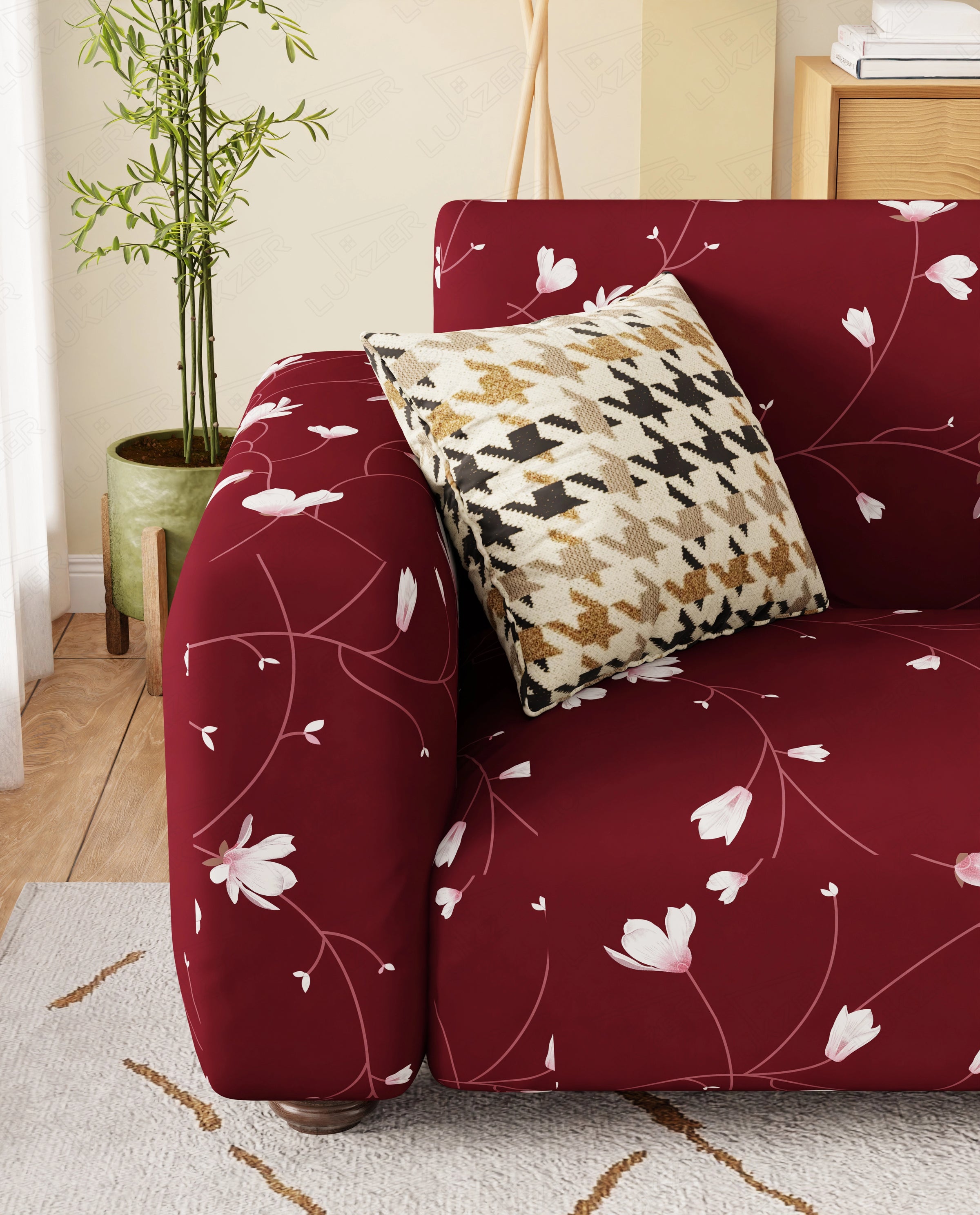 Lukzer Polyester Sofa Cover Maroon Flower (SC-009-01)