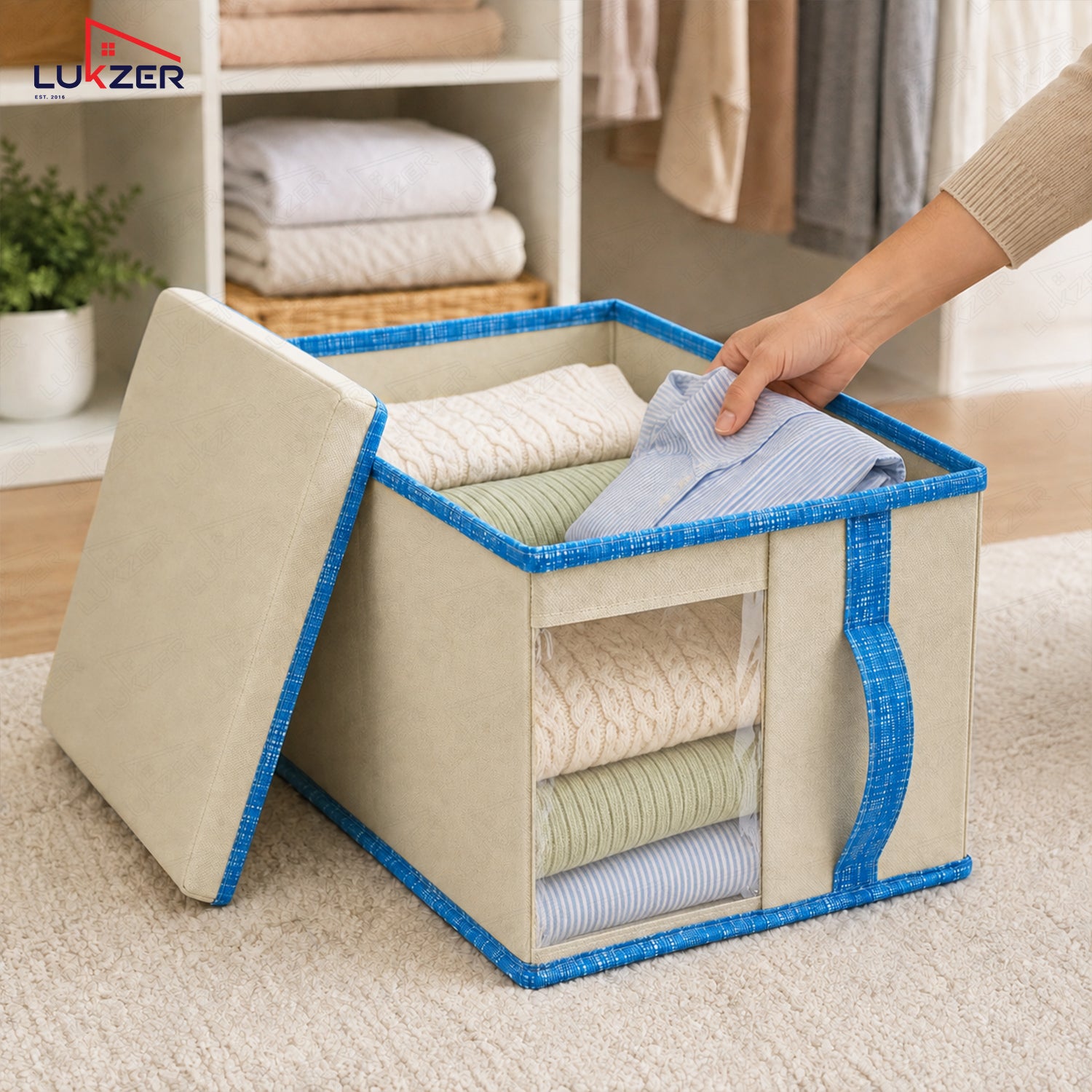 Lukzer 20 Liters Foldable Non-Woven Storage Box/Wardrobe Organizer with Lid - 4PC/Beige & Blue