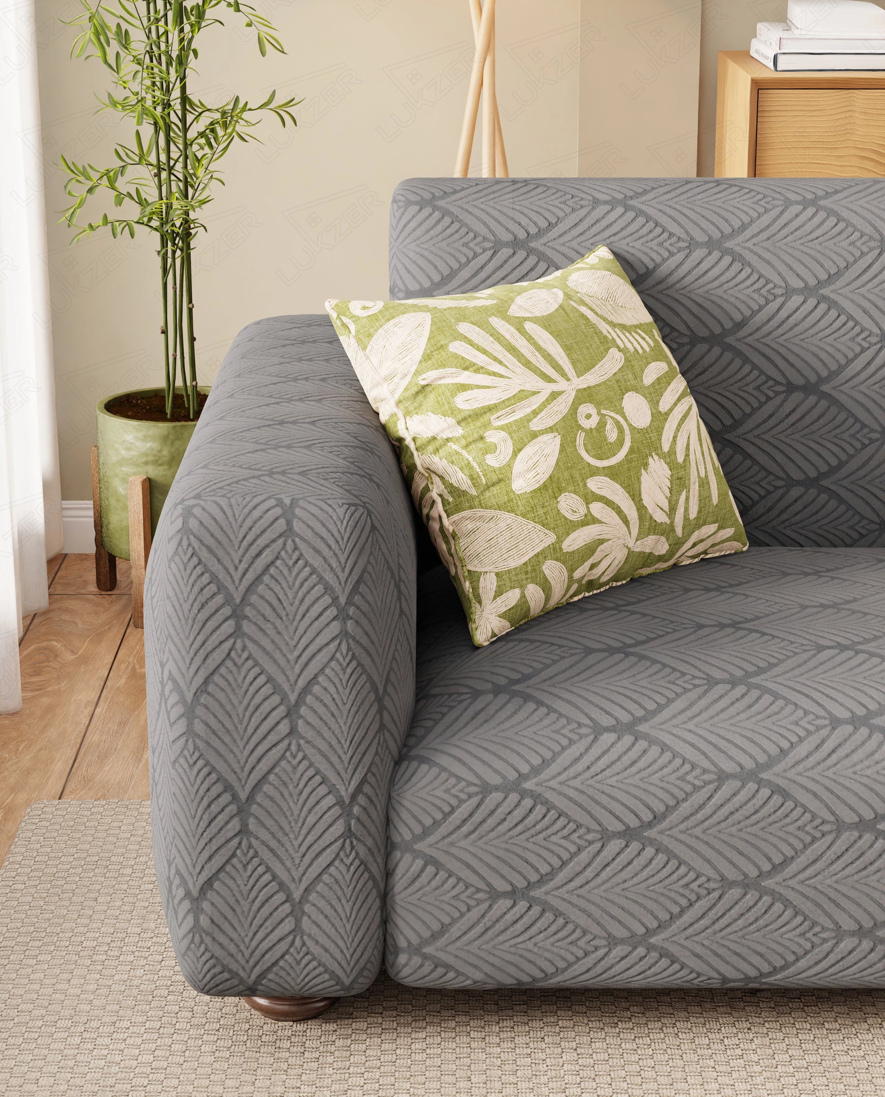 Lukzer Pastel Shades Textured Sofa Cover -  Dark Grey Leaf Trail (SC-125-01)