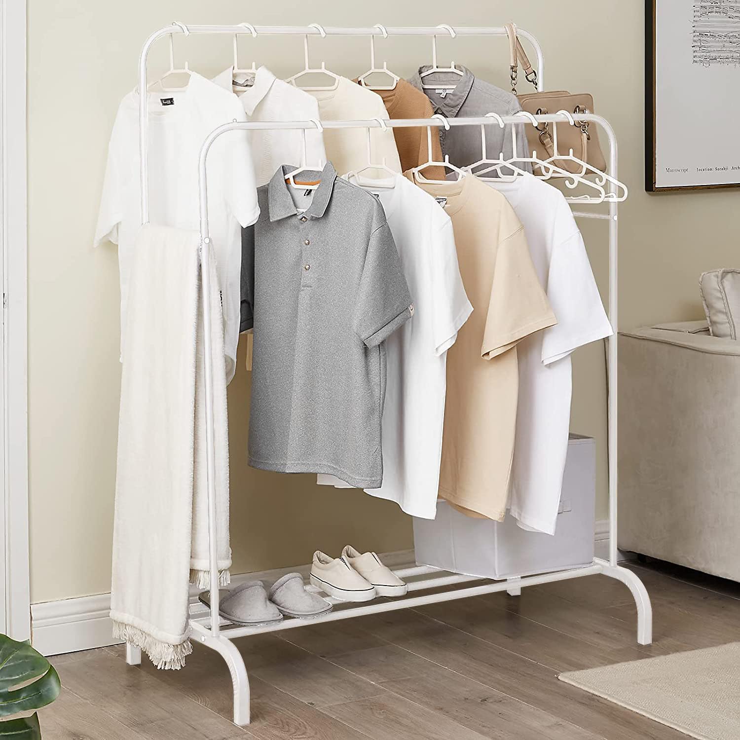 Lukzer Metal Cloth Stand with 2 Hanging Rods & Storage Shelf (MGS-002/White)