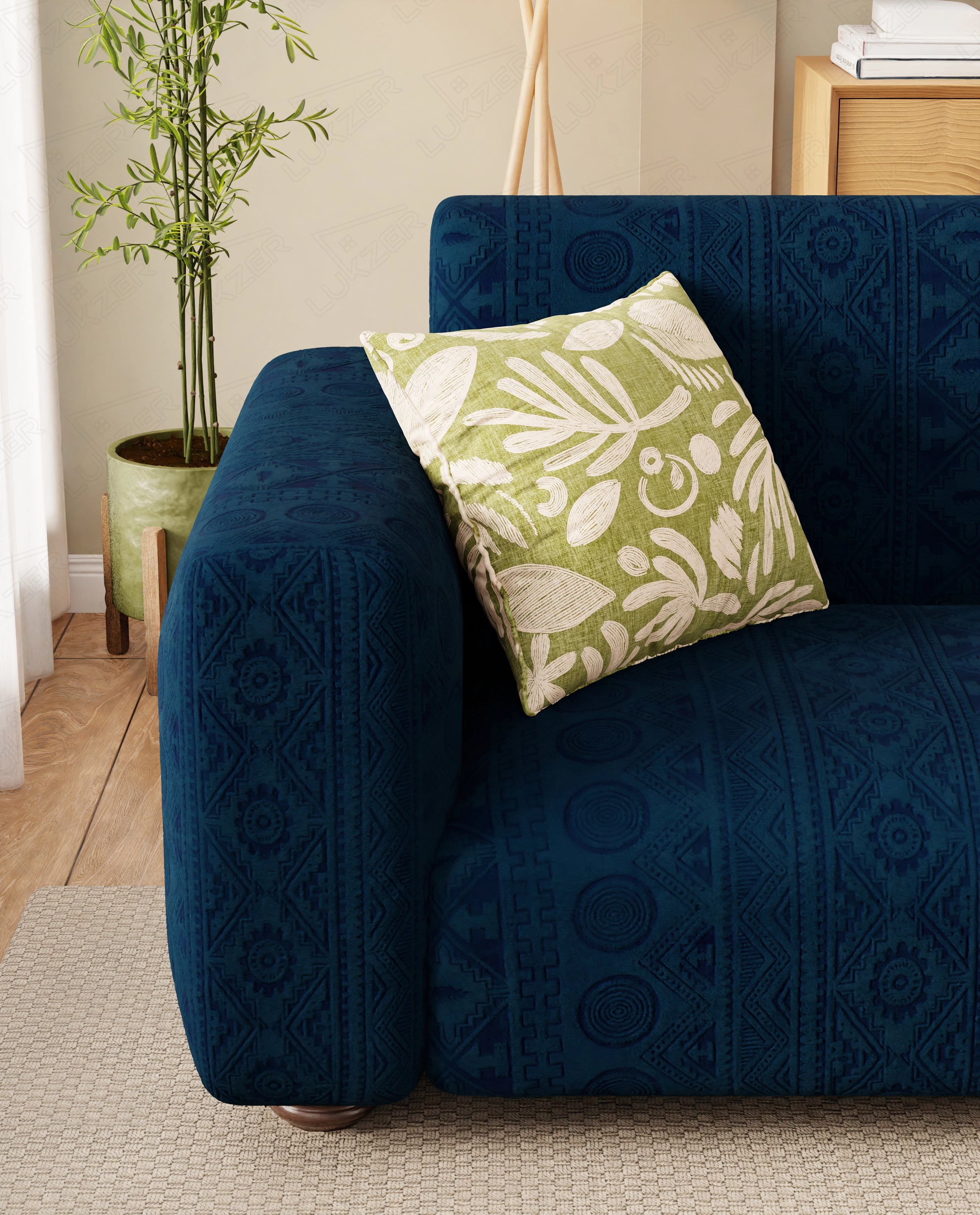 Lukzer Pastel Shades Textured Sofa Cover - Marine Blue Tribal Design (SC-136-01)