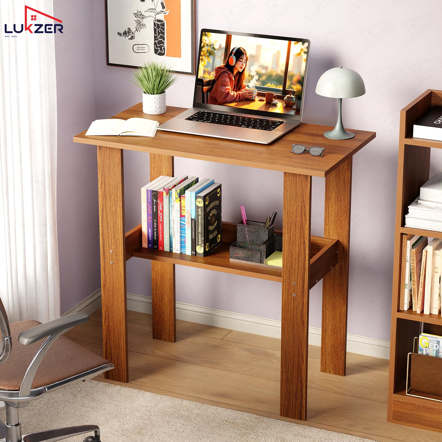 Lukzer Engineered Wood Kids Study Table with Open Shelf (ST-004S/Oak Brown)