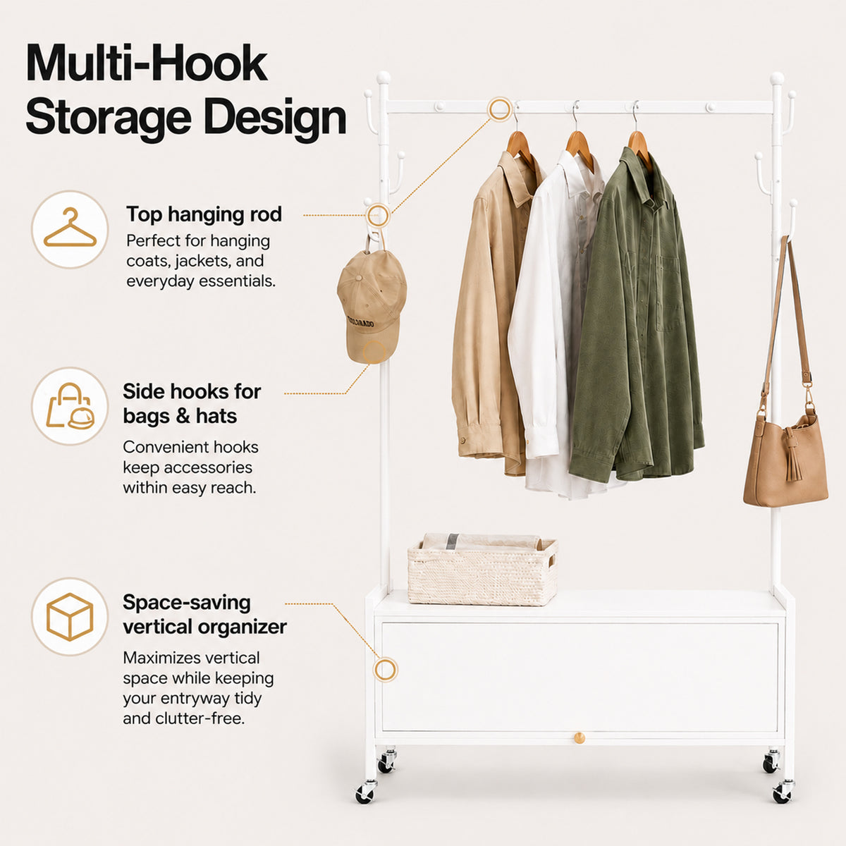 Lukzer Metal Garment Rack with Dust-Proof Storage Shelf & Multiple Hooks (White)