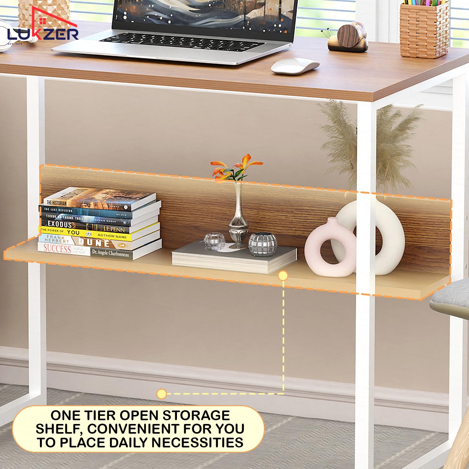 Lukzer Engineered Wood Office & Study Table with Open Bookshelf & Organiser (MST-004/White & Oak Brown)