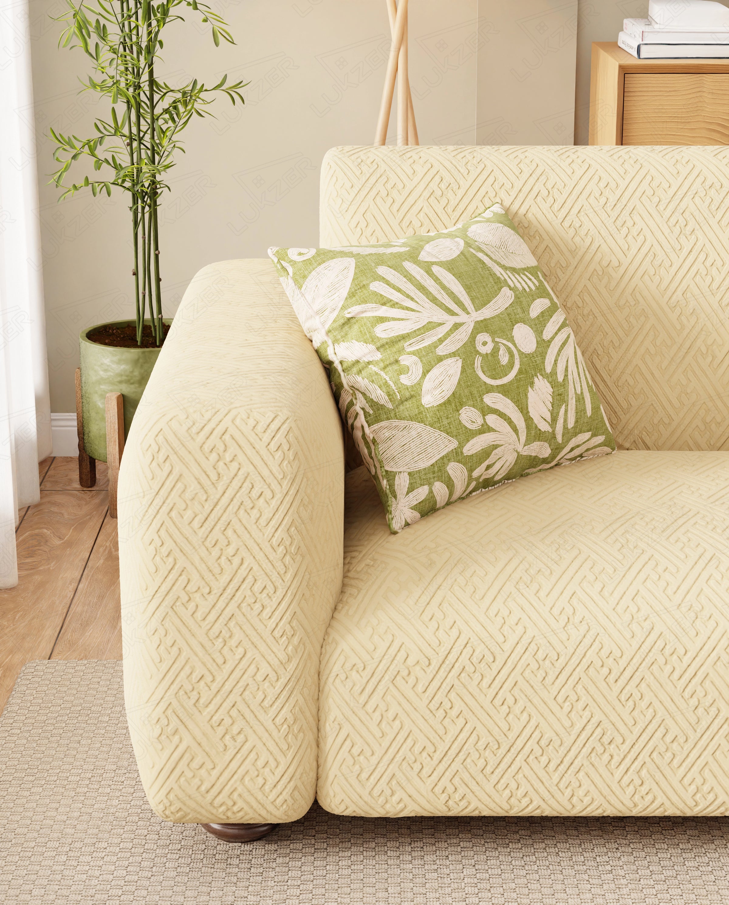 Lukzer Pastel Shades Textured Sofa Cover Yellow Grid Maze (SC-105-01)