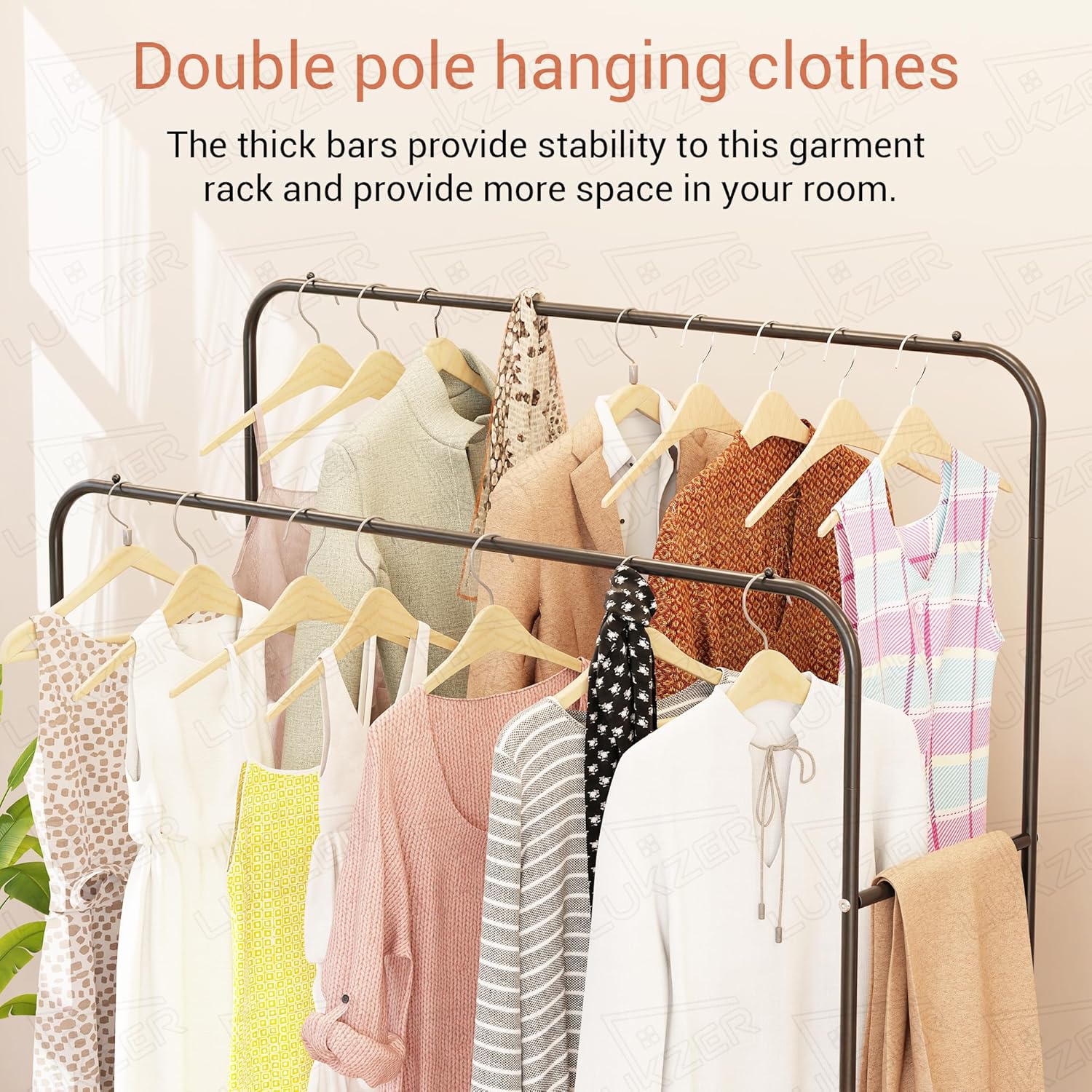 Lukzer Heavy-Duty Double Garment Rack with Bottom Storage – (MGS-002)(White, Gold, Black, Rose Gold, Silver)