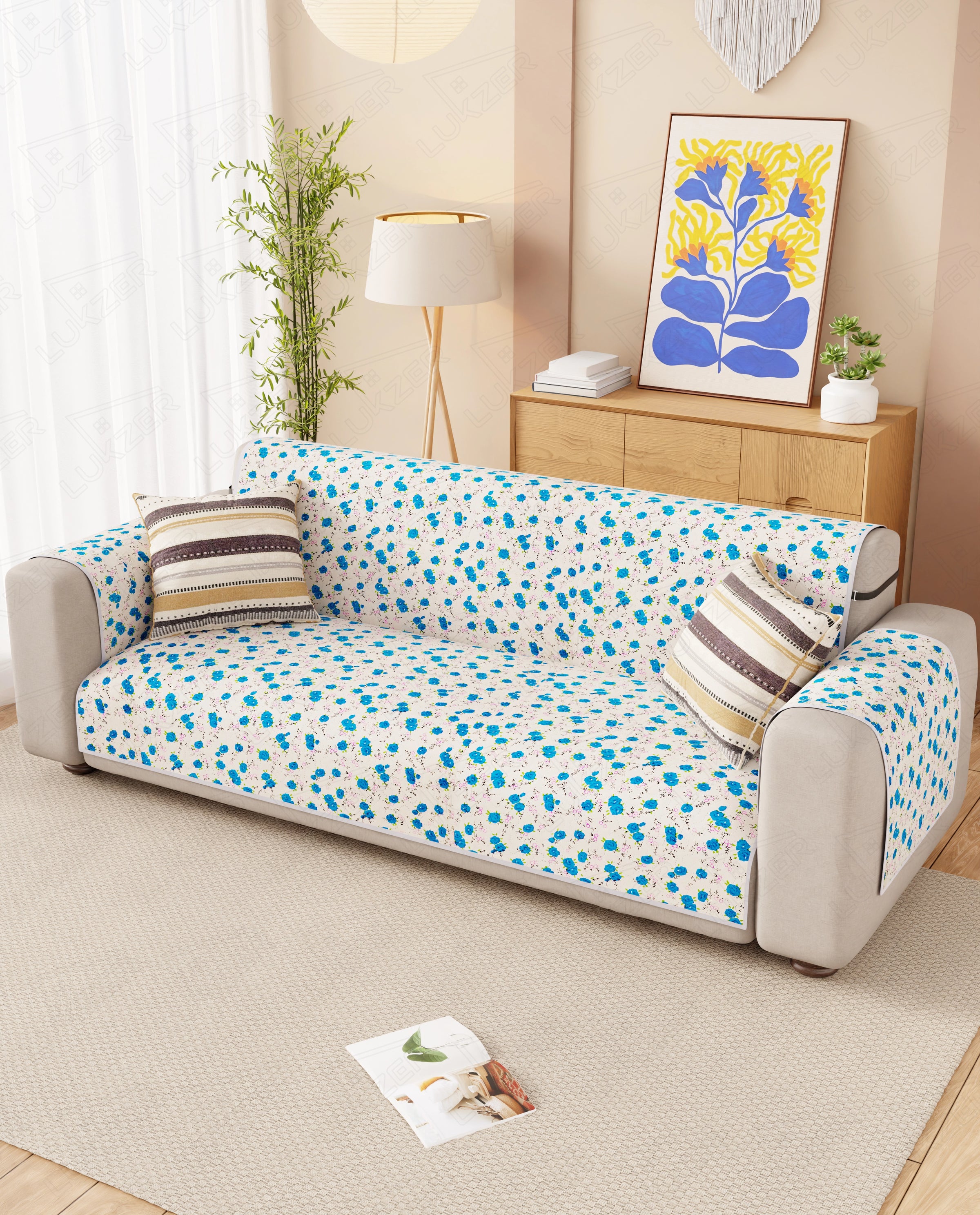 Lukzer Reversible Quilted Sofa Mat with Arms Ikat Rose (SC-203-01)