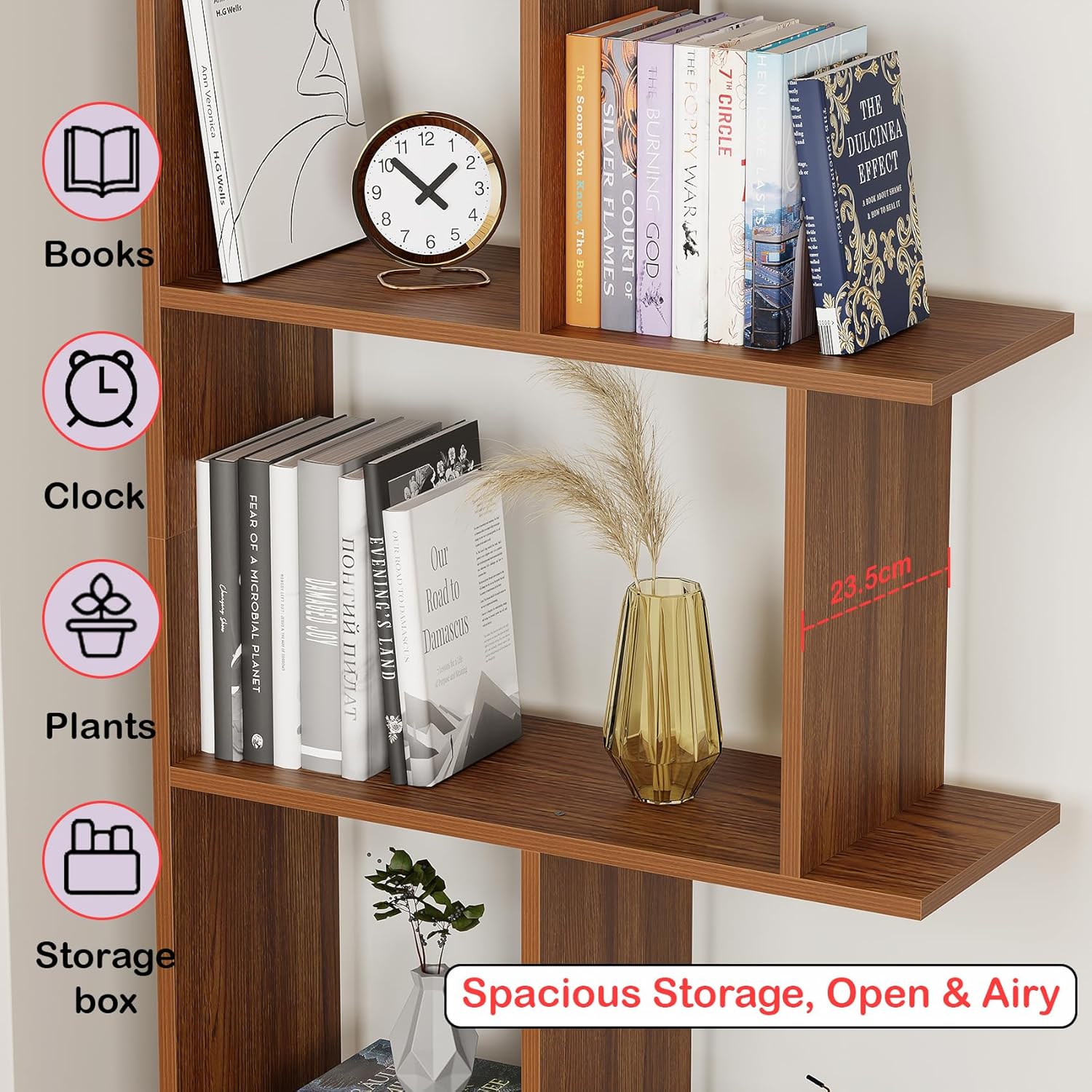Lukzer 6 Layer Engineered Wood Space-Saving Organizer with Zigzag Open Bookshelf (MR-018/Oak Brown)