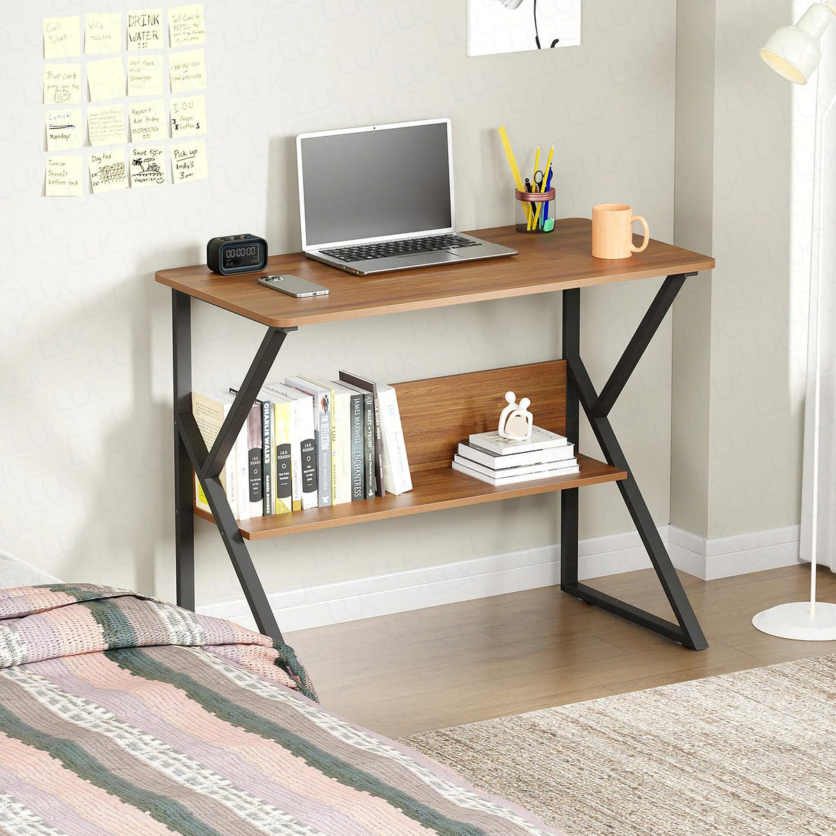 Lukzer Modern Engineered Wood Computer Desk with Bookshelf Oak Brown Top & Black Frame (MST-001)