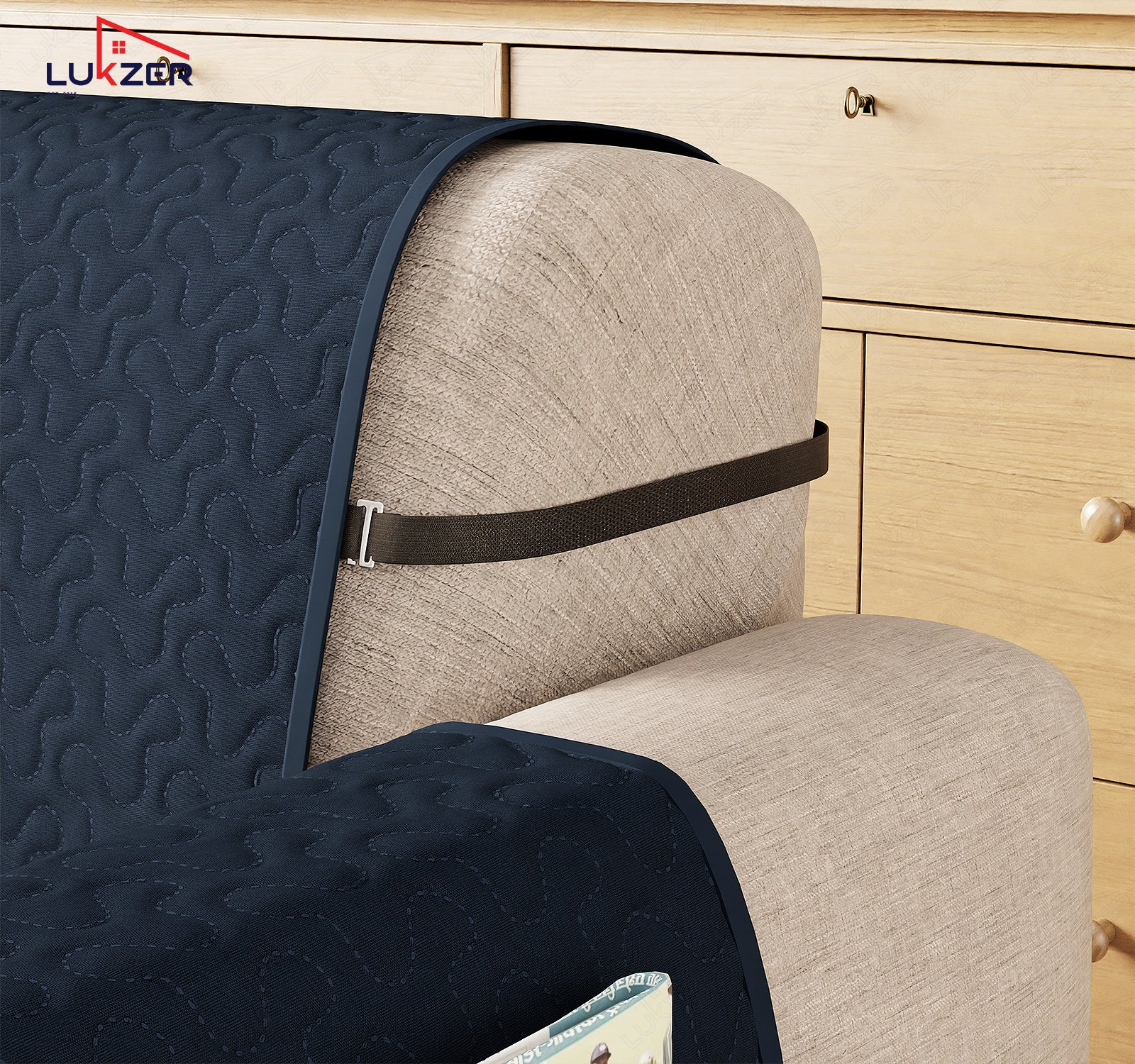 Lukzer Quilted Stipple Blue Sofa Cover Mat with Storage Side Pocket | 350 GSM Polyester Blend Full Coverage with Arms &amp; Back Belt | Machine Washable Sofa Runner.