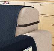 Lukzer Quilted Stipple Blue Sofa Cover Mat with Storage Side Pocket | 350 GSM Polyester Blend Full Coverage with Arms & Back Belt | Machine Washable Sofa Runner.