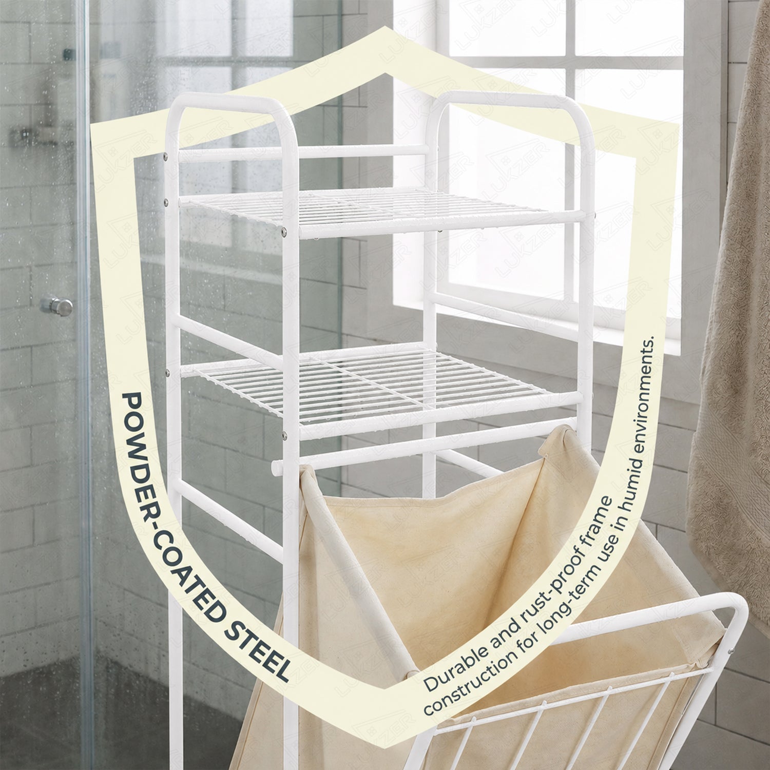 Lukzer Laundry Basket with 2-Tier Metal Storage Shelves & Detachable Fabric Hamper (White)