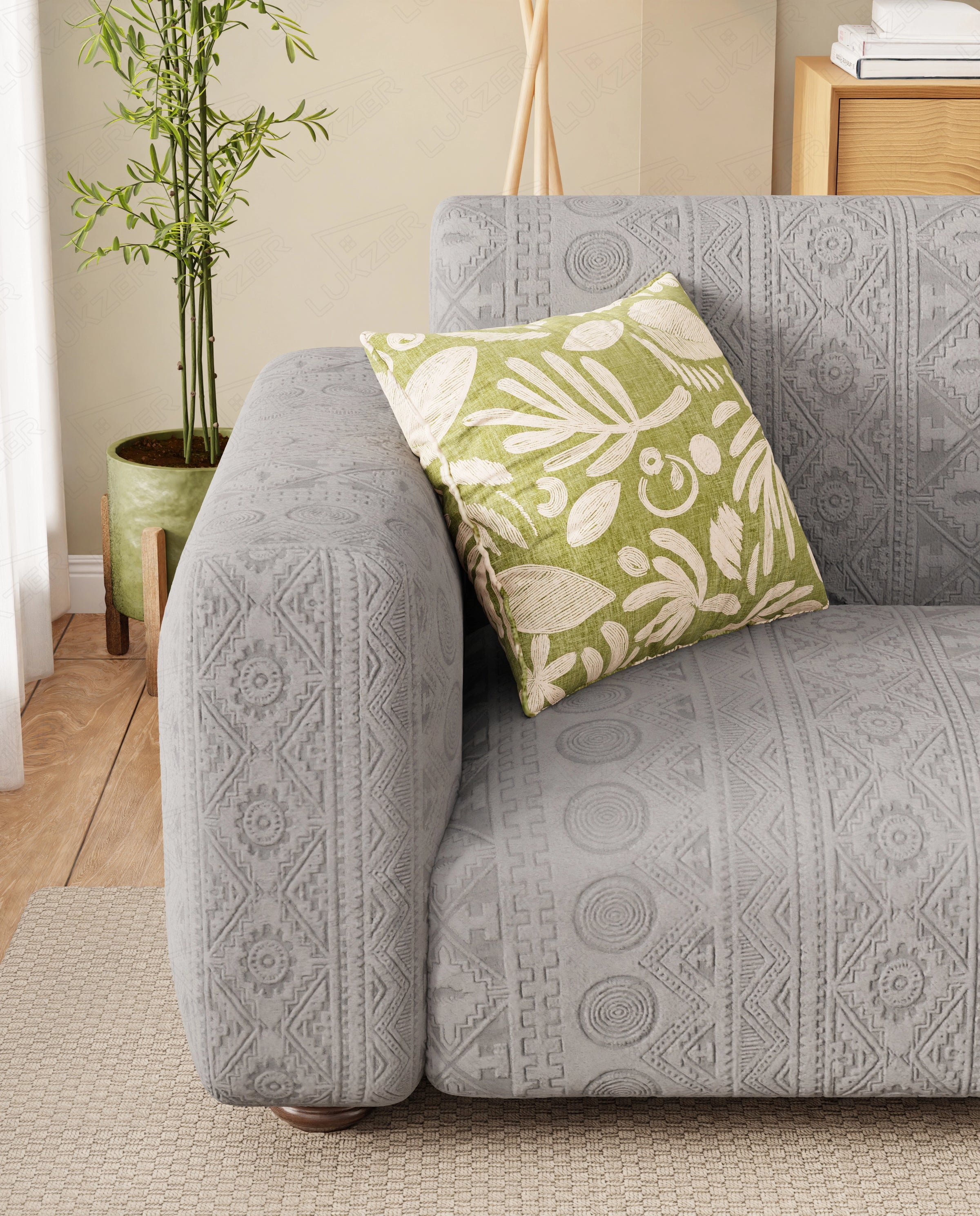 Lukzer Pastel Shades Textured Sofa Cover - Light Grey Tribal Design (SC-072-01)