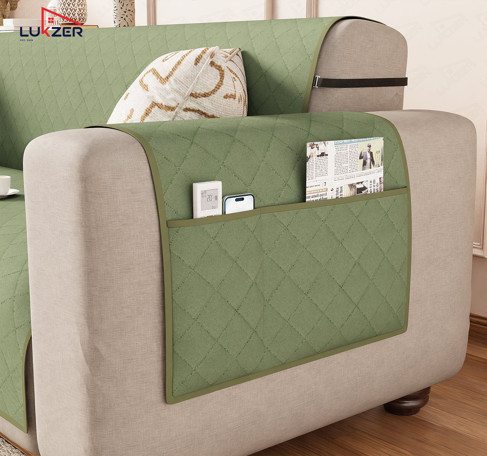 Lukzer Polyester Blend Quilted Sofa Cover Mat (350 GSM)| Full Coverage with Arms &amp; Back Belt | Machine Washable Sofa Runner with Storage Side Pocket