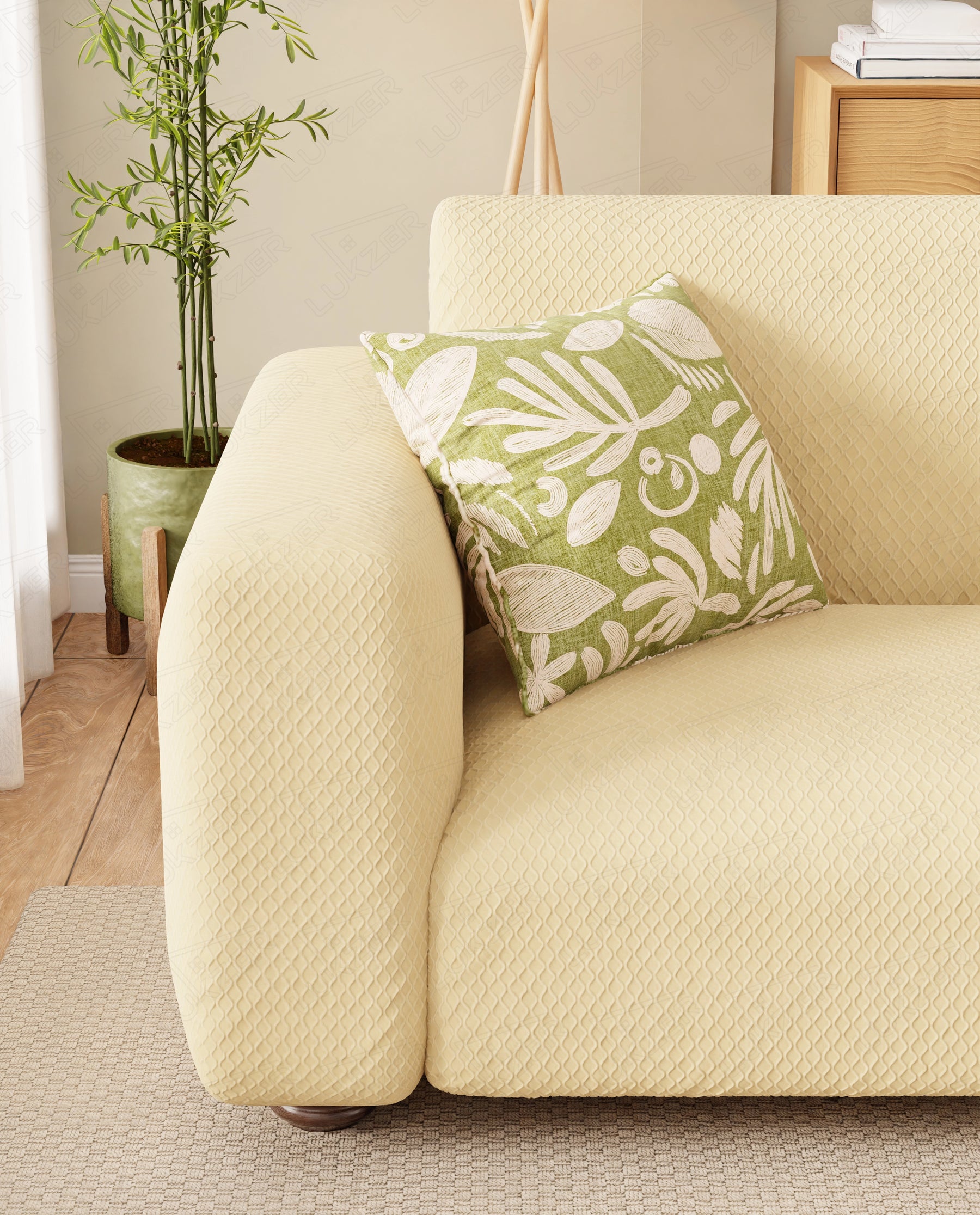 Lukzer Pastel Shades Textured Sofa Cover - Yellow Curved Diamond (SC-087-01)