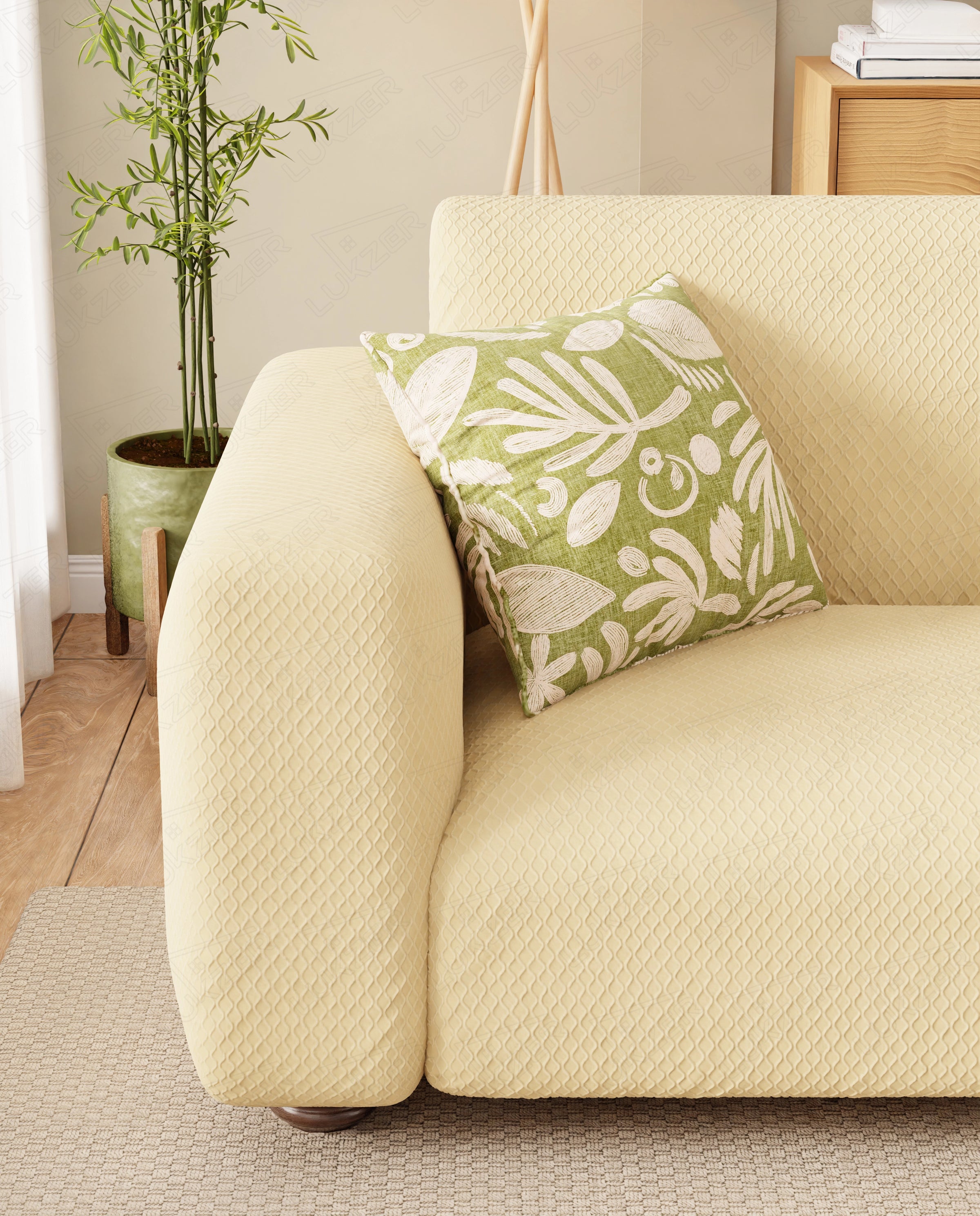 Lukzer Pastel Shades Textured Sofa Cover - Yellow Curved Diamond (SC-087-01)
