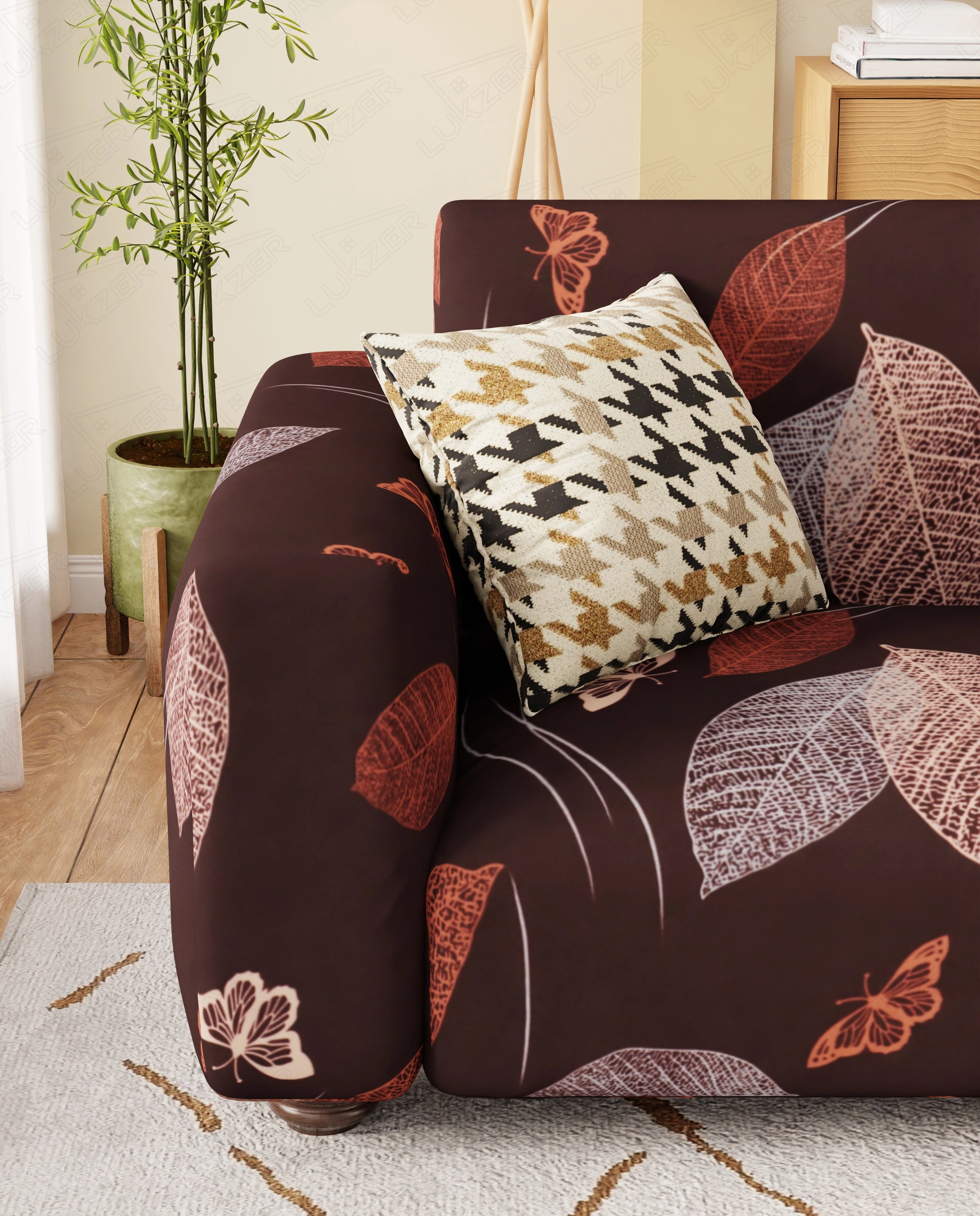 Lukzer Polyester Sofa Cover - Maroon Leaves (SC-010-01)