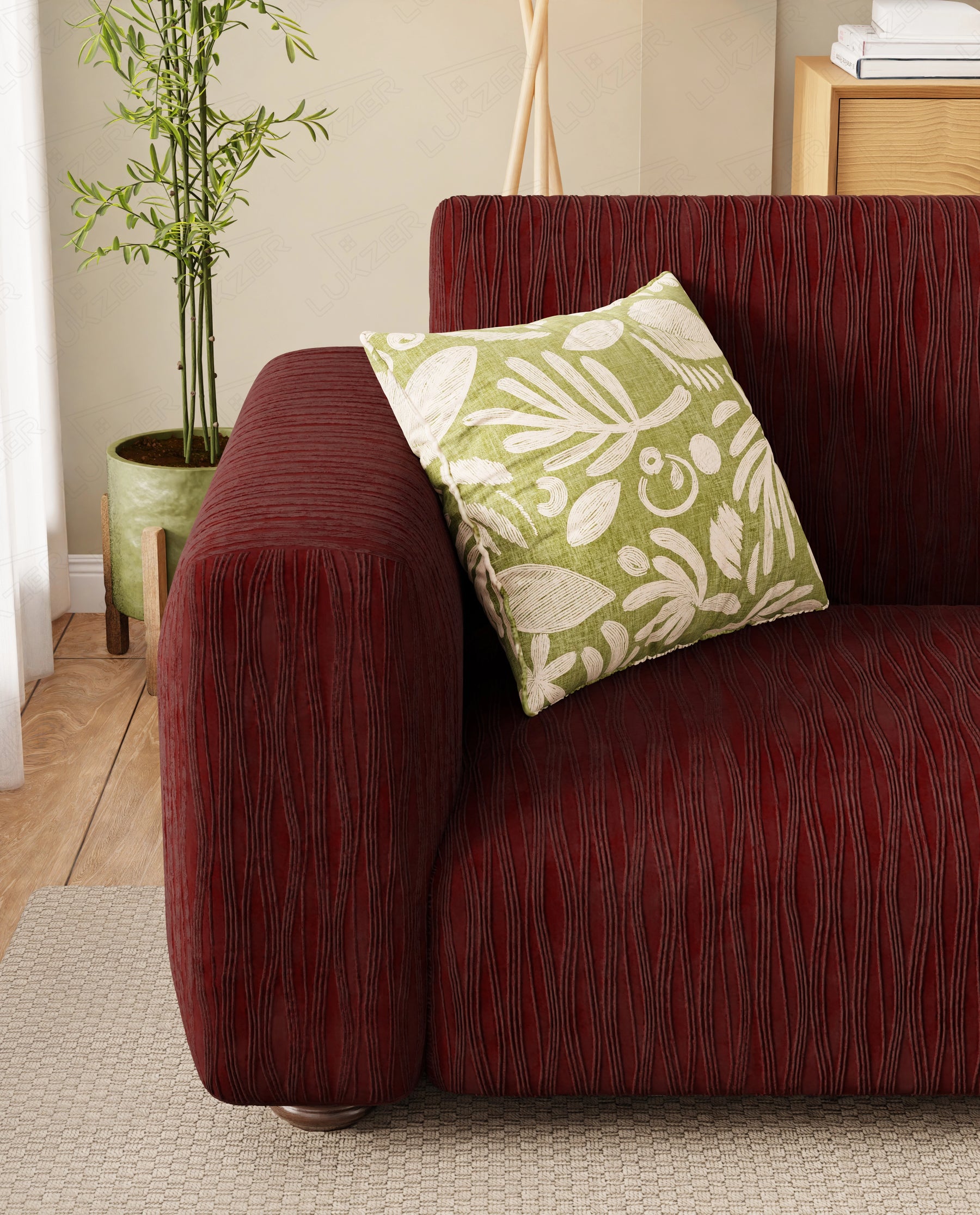 Lukzer Pastel Shades Textured Sofa Cover - Deep Maroon Wavy Stripes (SC-148-01)