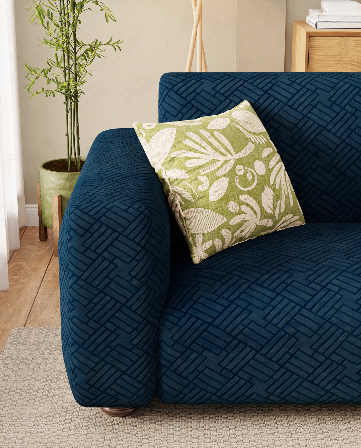Lukzer Pastel Shades Textured Sofa Cover - Marine Blue Abstract (SC-173-01)