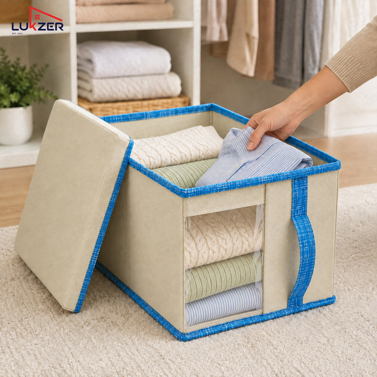 Lukzer 20 Liters Foldable Non-Woven Storage Box/Wardrobe Organizer with Lid - 3PC/Beige & Blue