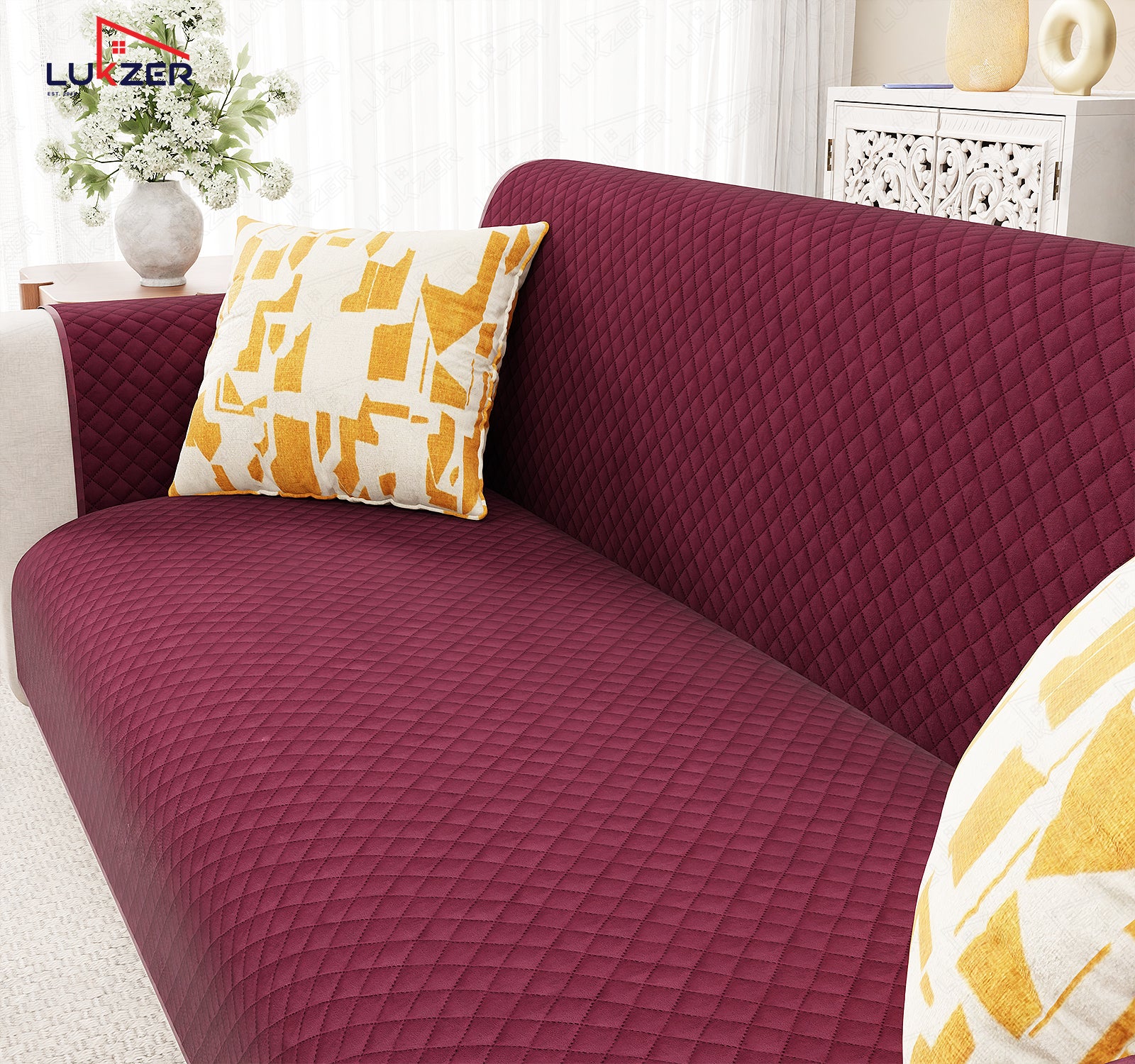 Lukzer Quilted Velvet Sofa Mat | 200 GSM Soft Washable &amp; Removable Couch Protector | Anti-Slip Elastic Strap Cover for Living Room, Pet &amp; Spill Protection