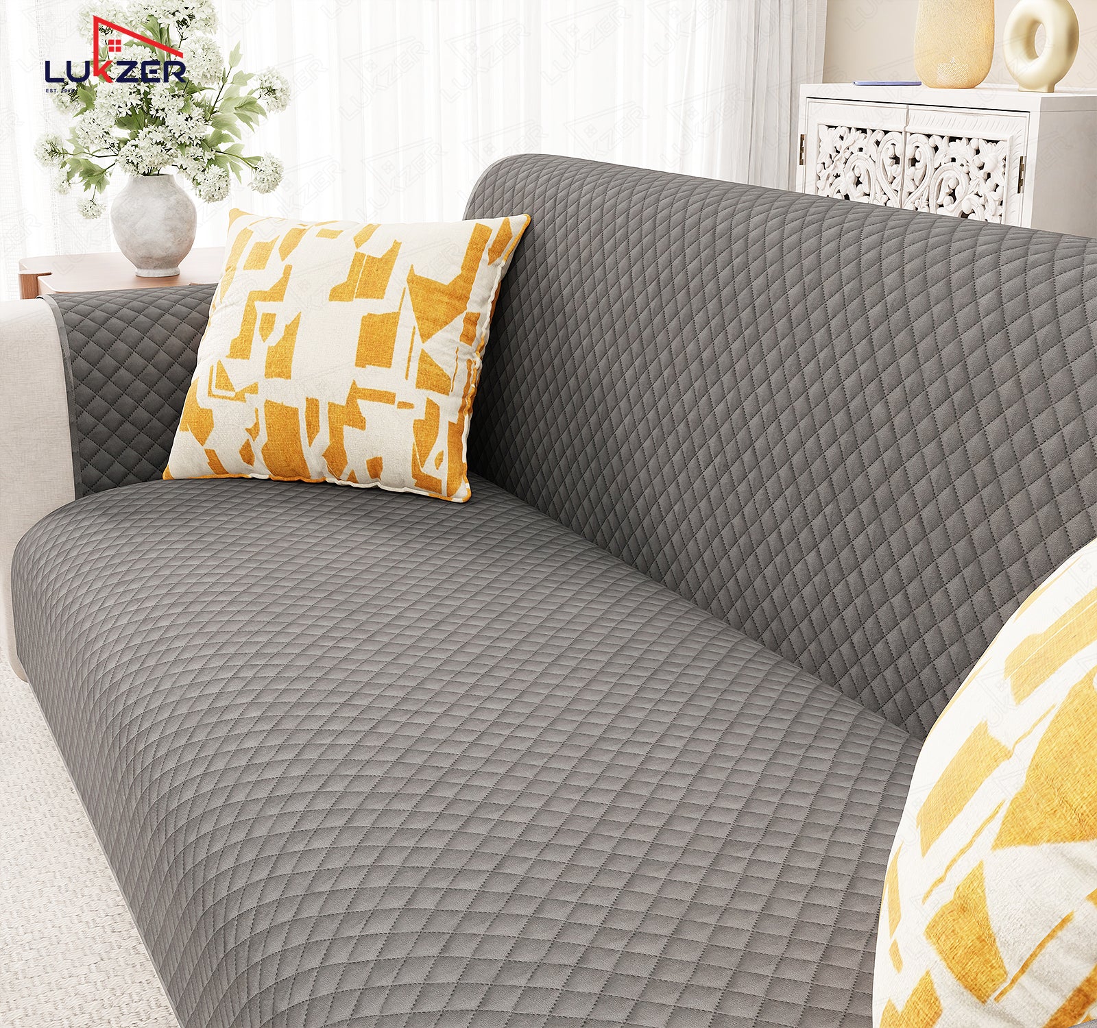 Lukzer Quilted Velvet Sofa Mat | 200 GSM Soft Washable &amp; Removable Couch Protector | Anti-Slip Elastic Strap Cover for Living Room, Pet &amp; Spill Protection