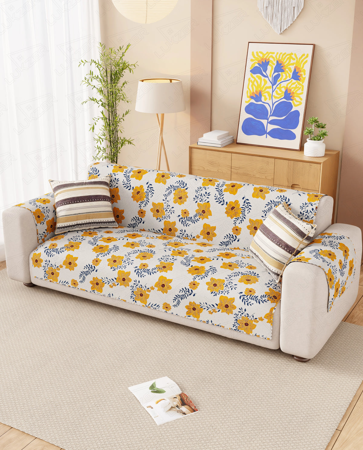 Lukzer Quilted Reversible Brick Bloom Sofa Mat with WaveEdge Ultrasonic Cut (WITH BACK & HAND REST) - SC-201-01WB