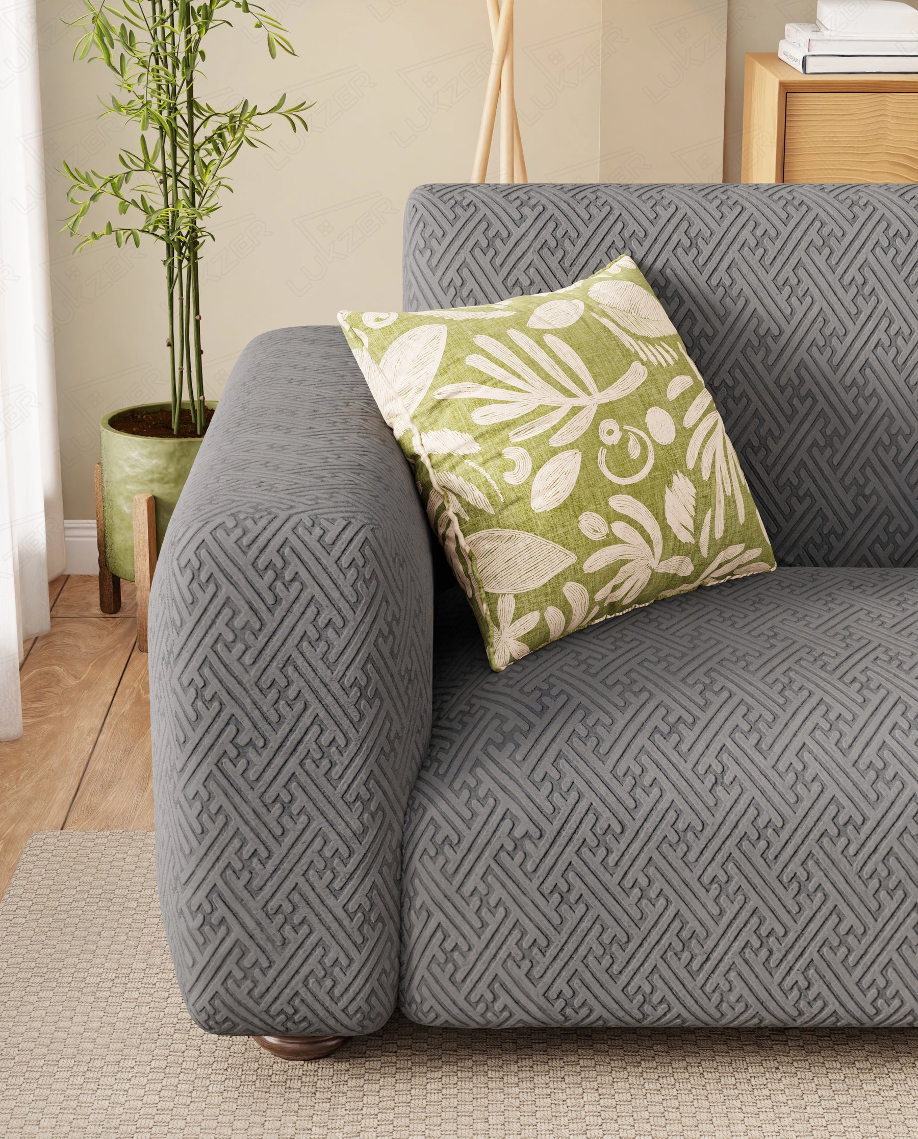 Lukzer Pastel Shades Textured Sofa Cover Dark Grey Grid Maze (SC-104-01)